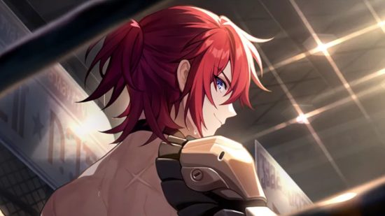 Honkai Star Rail Luka: A zoomed-in picture of Luka's light cone, showing him shirtless and looking over his shoulder towards the camera with a smirk on his face. He has scars on his back and you can see his mechanical shoulder