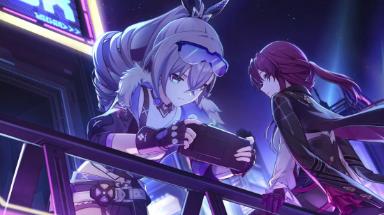 Honkai Star Rail's Silver Wolf playing videogames on her phone next to Kafka on top of a building in a neon city