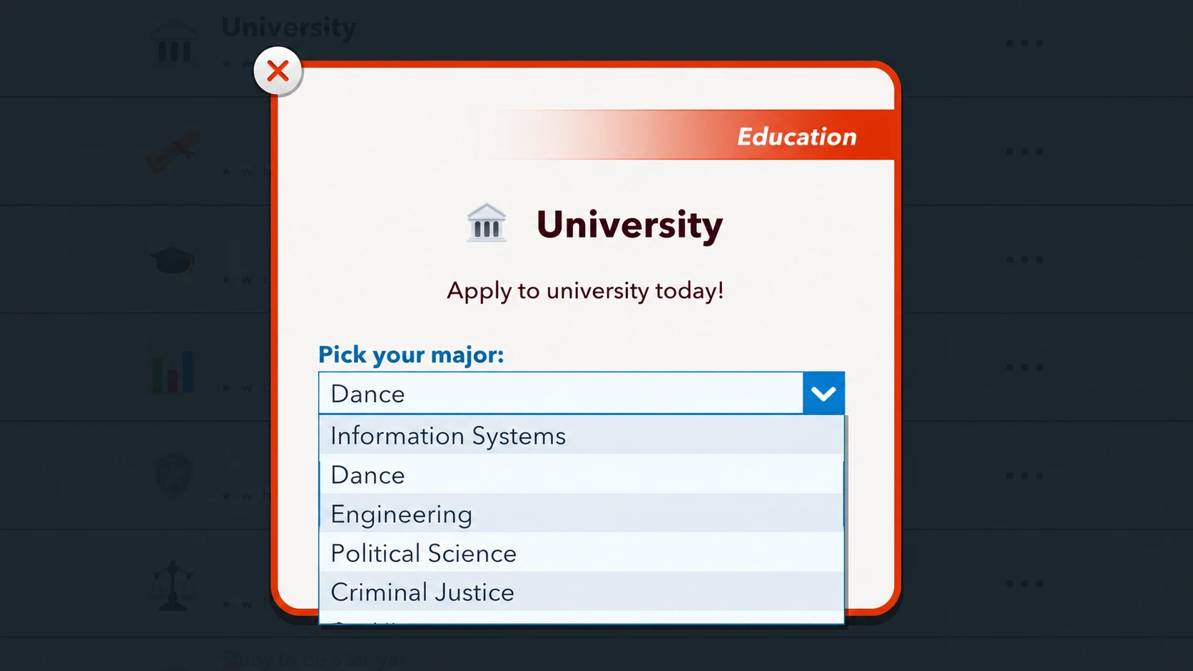Applying for dance degree in bitlife