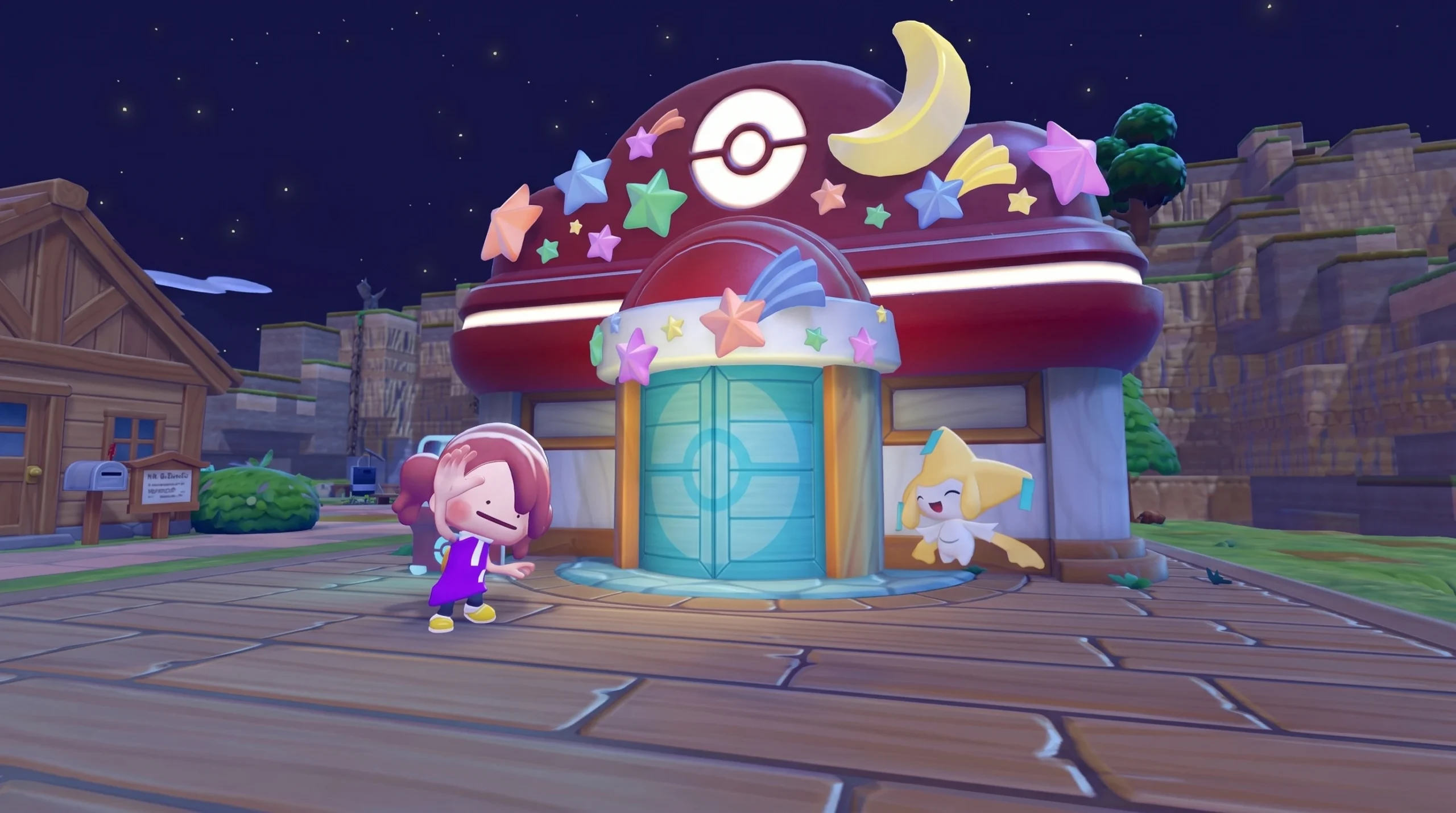 Ditto player standing with jirachi in front of pokemon center in pokopia