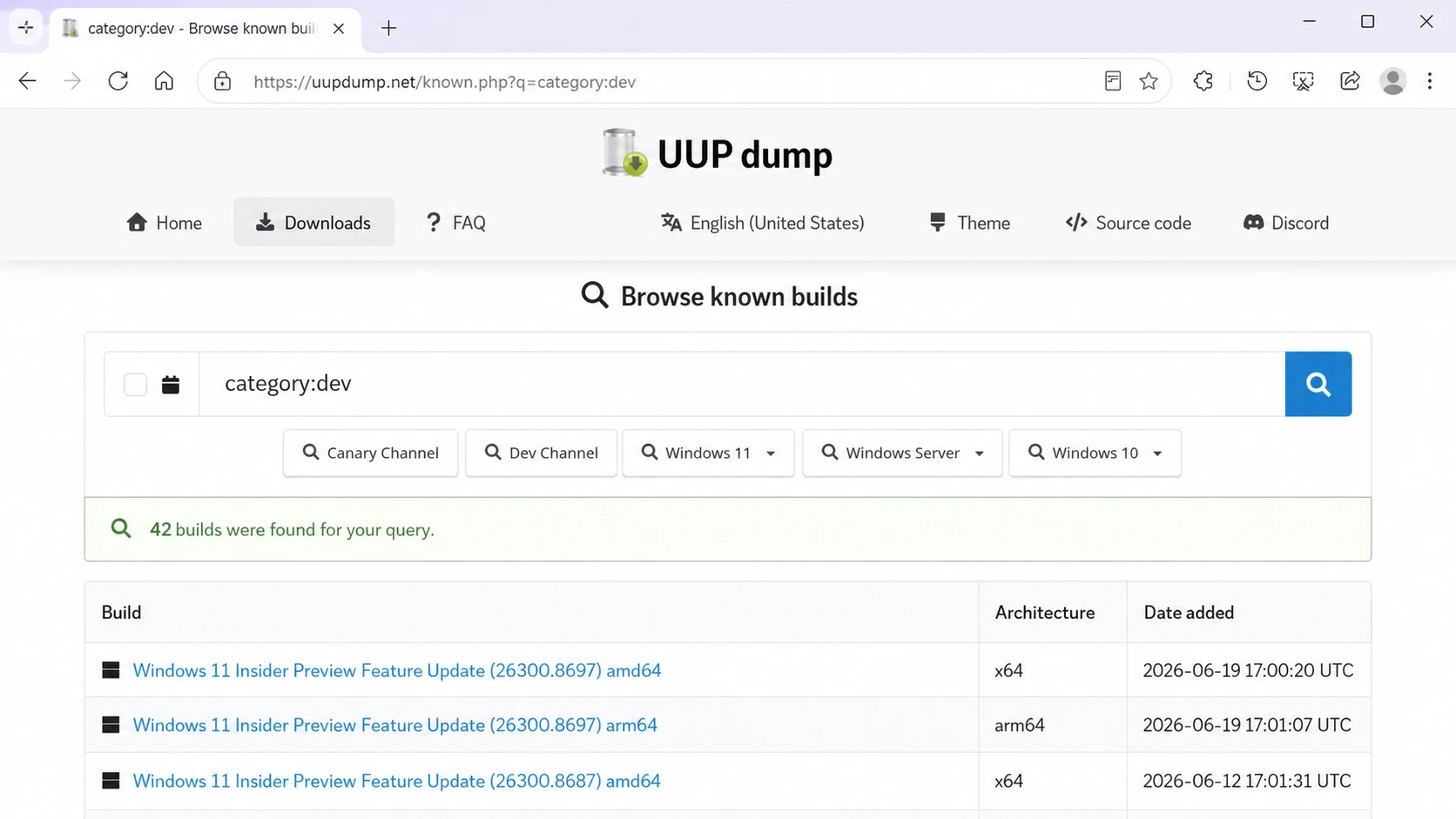 UUP Dump 26H2 download page