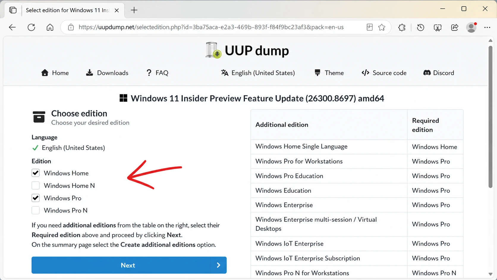 UUP Dump Windows 11 26H2 editions