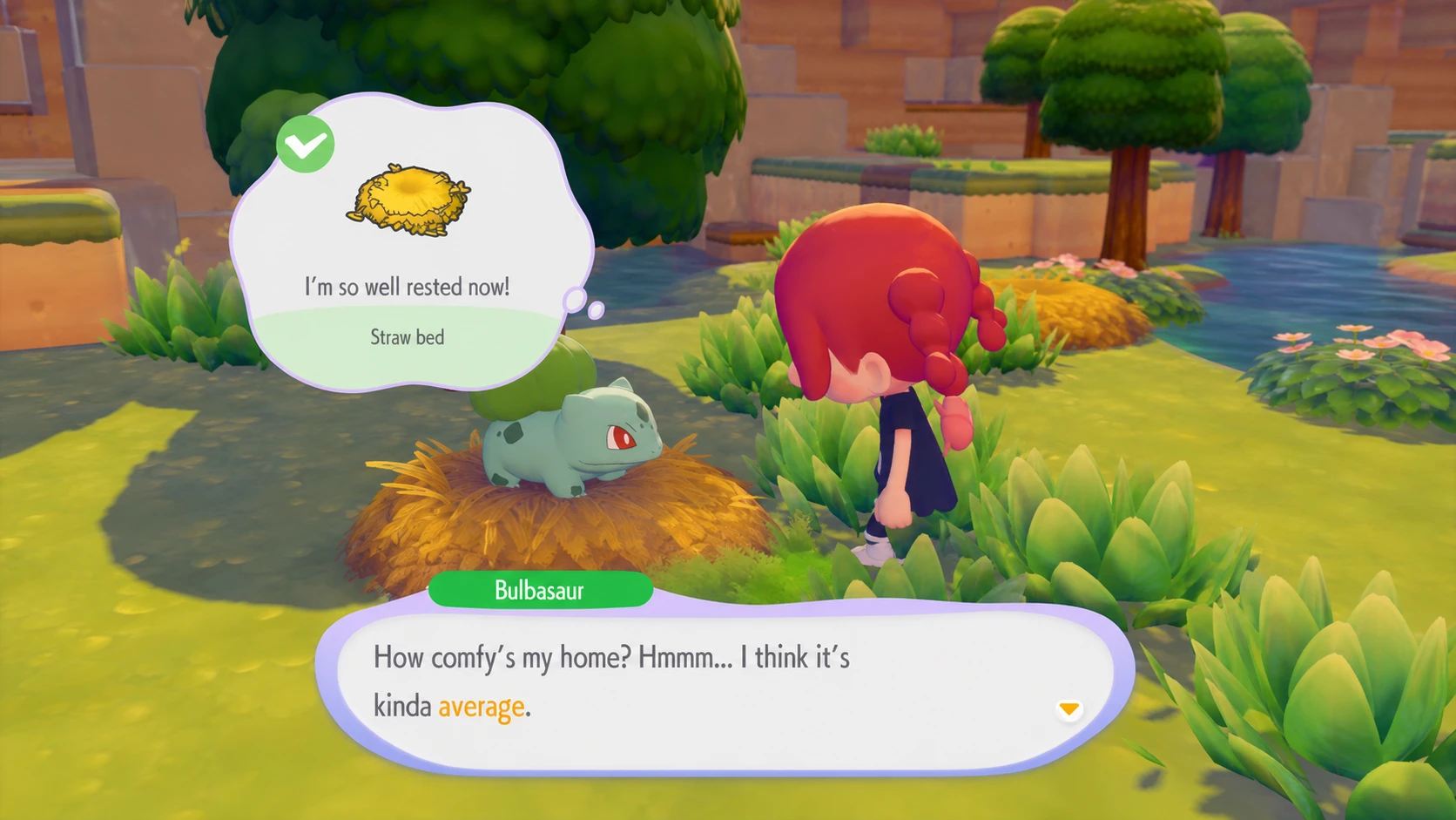 pokemon pokopia enviroment level - Bulbasaur talking to a player about their comfort level
