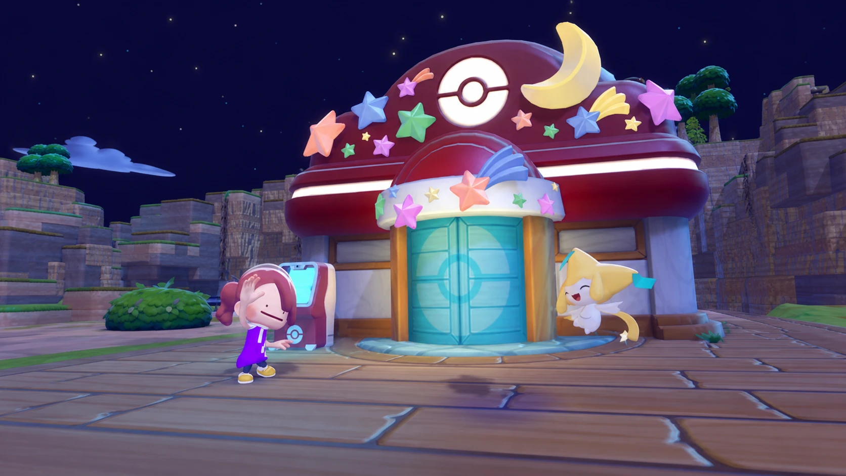 Ditto player standing with jirachi in front of pokemon center in pokopia