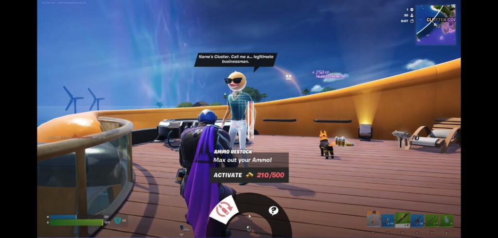 Cluster NPC at Cluster Coast offering ammo restock in Fortnite Chapter 7 Season 3