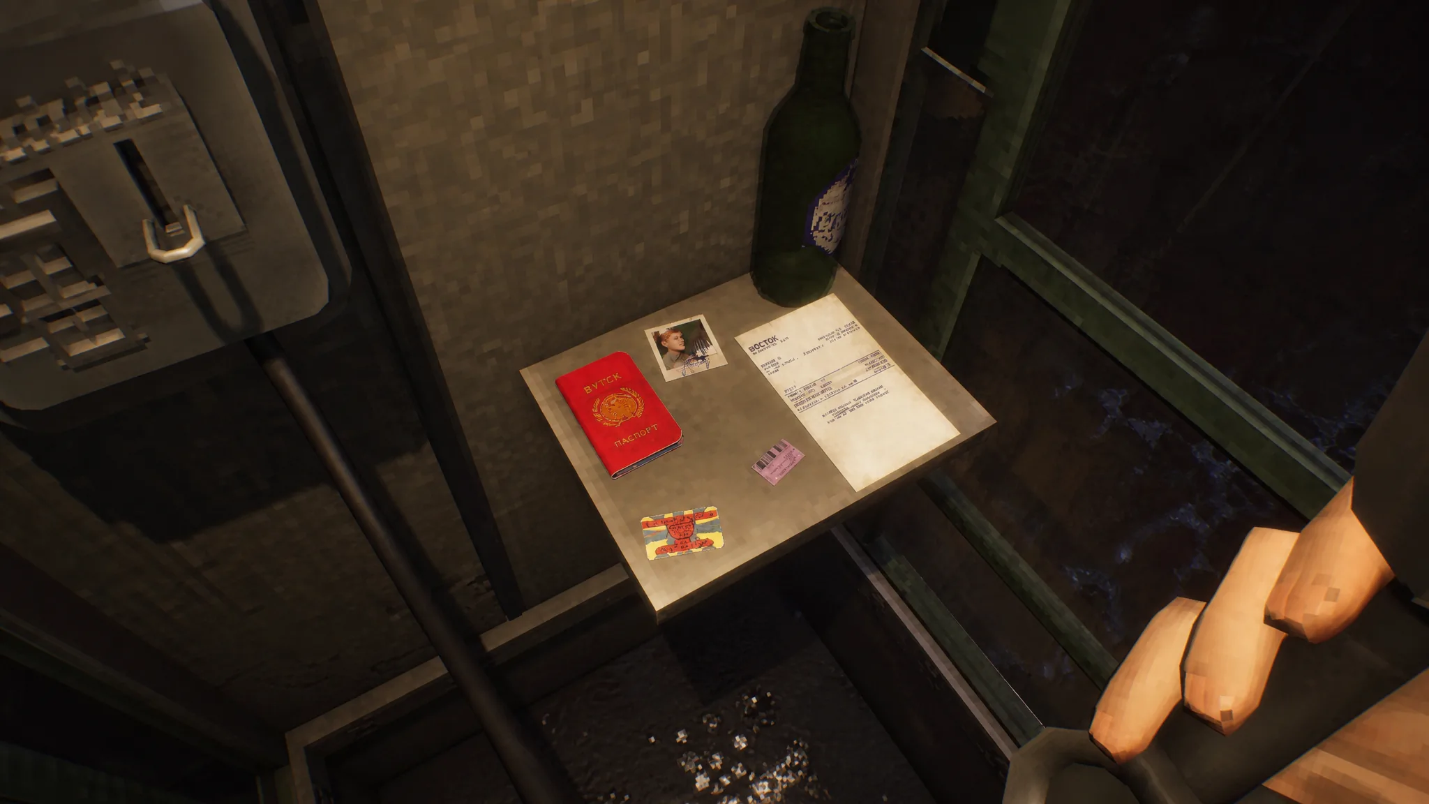 Looking at passport. photo of Petro's sixth birthday, VOSTOK invoice, and hospital parking ticket in phone booth