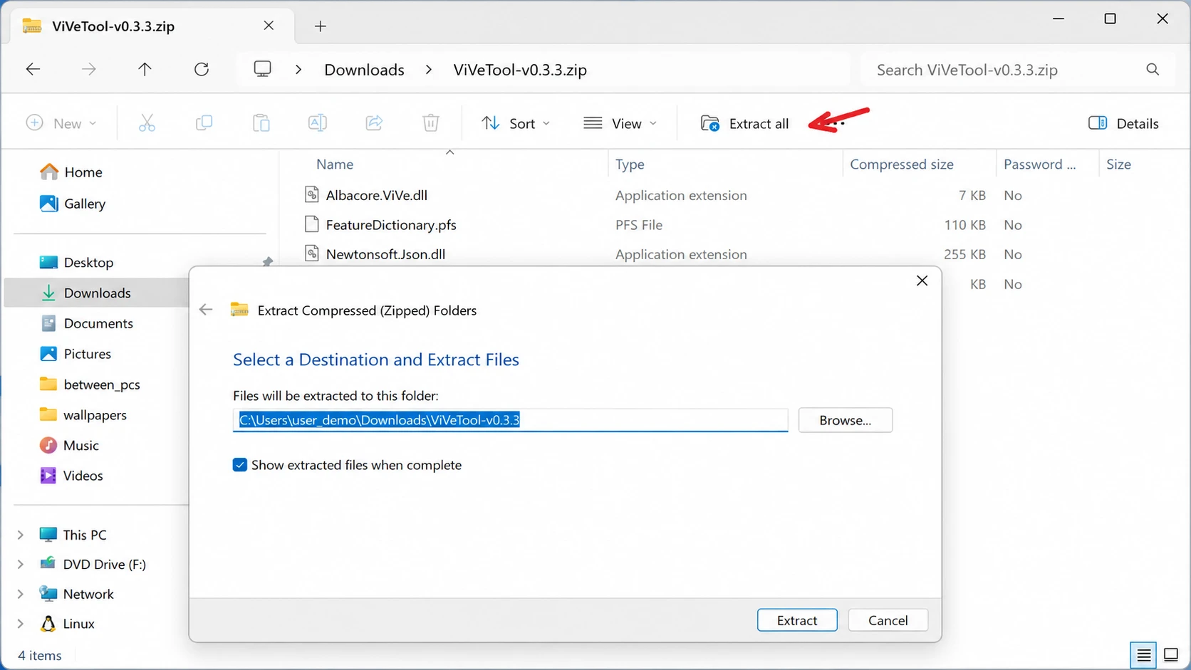 Extract ViveTool zip file