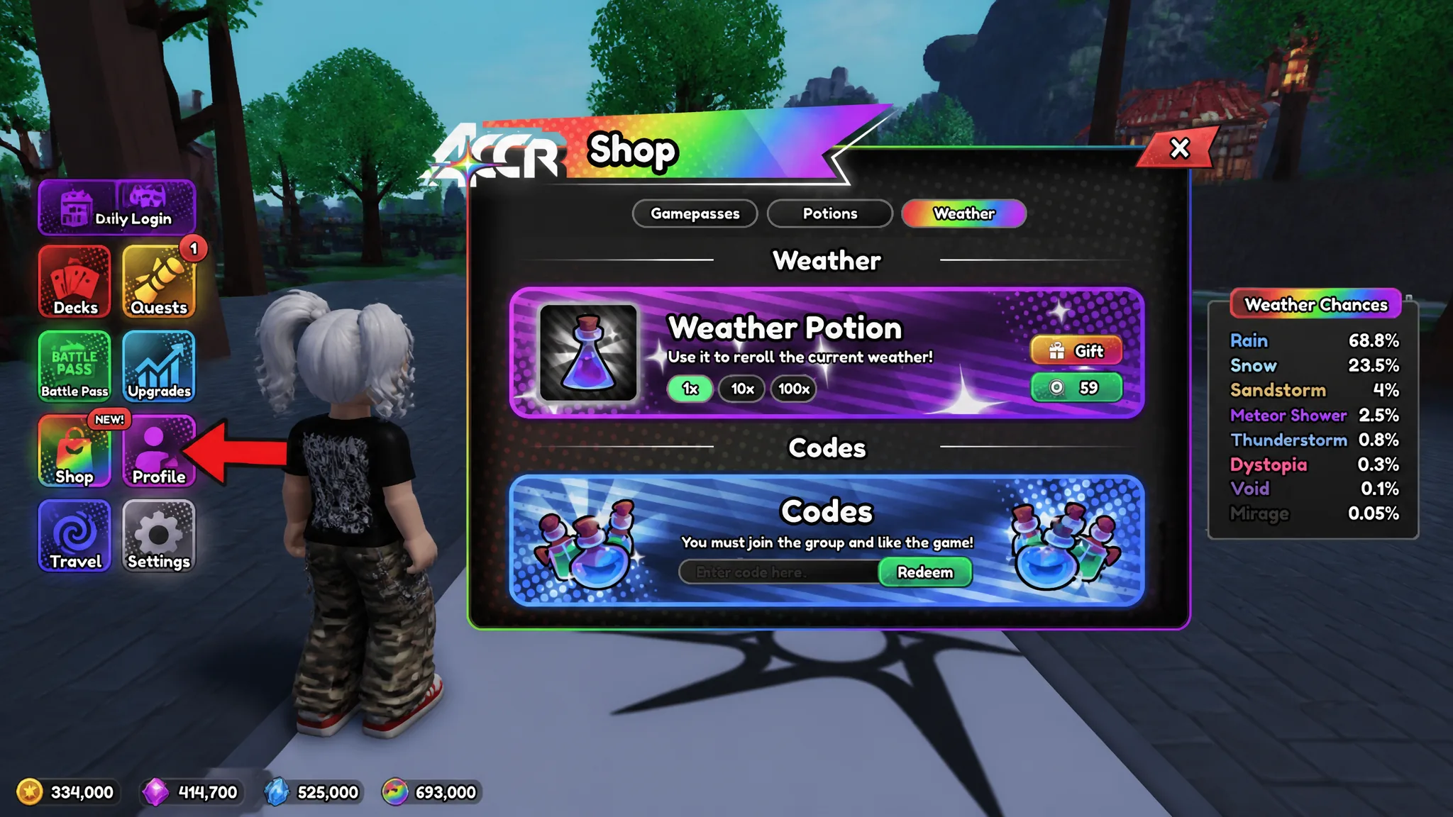 Anime Card Crusade codes redemption screen showing the arrow pointing to the Shop icon at the left, and the code redemption system
