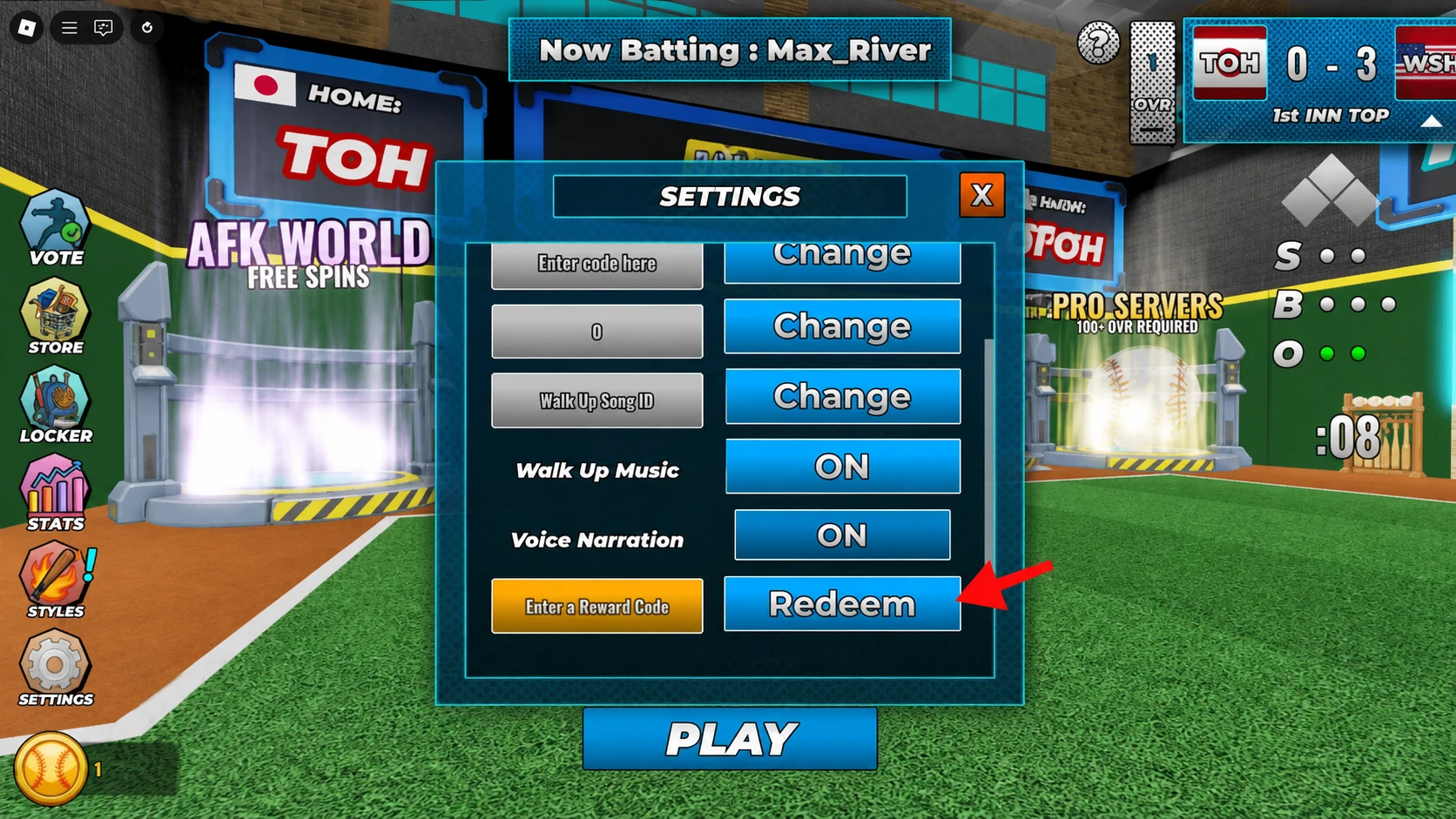 Superstar Baseball reward code redemption screen