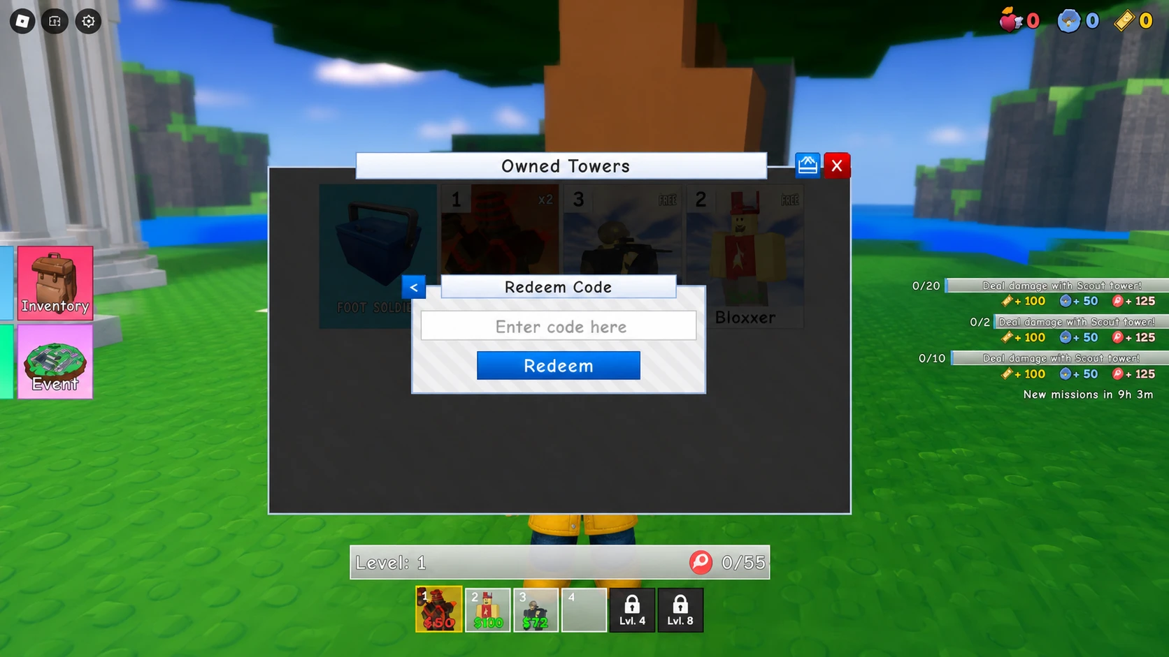 Retro Tower Defense codes redemption screen in front of a tree on some grass