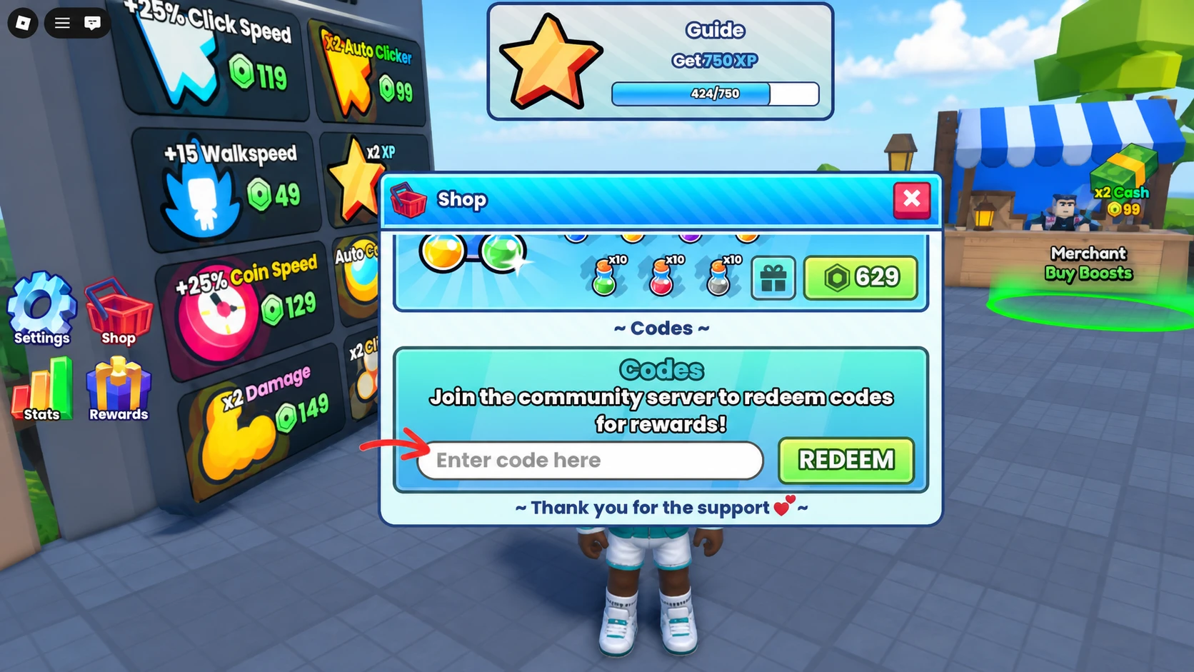 The Enter Code text box inside the Dropper Incremental shop panel