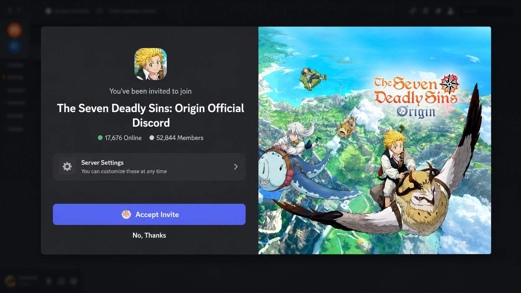 The Seven Deadly Sins Origin codes: A screenshot of the Discord server invite with a PT logo in the top right corner