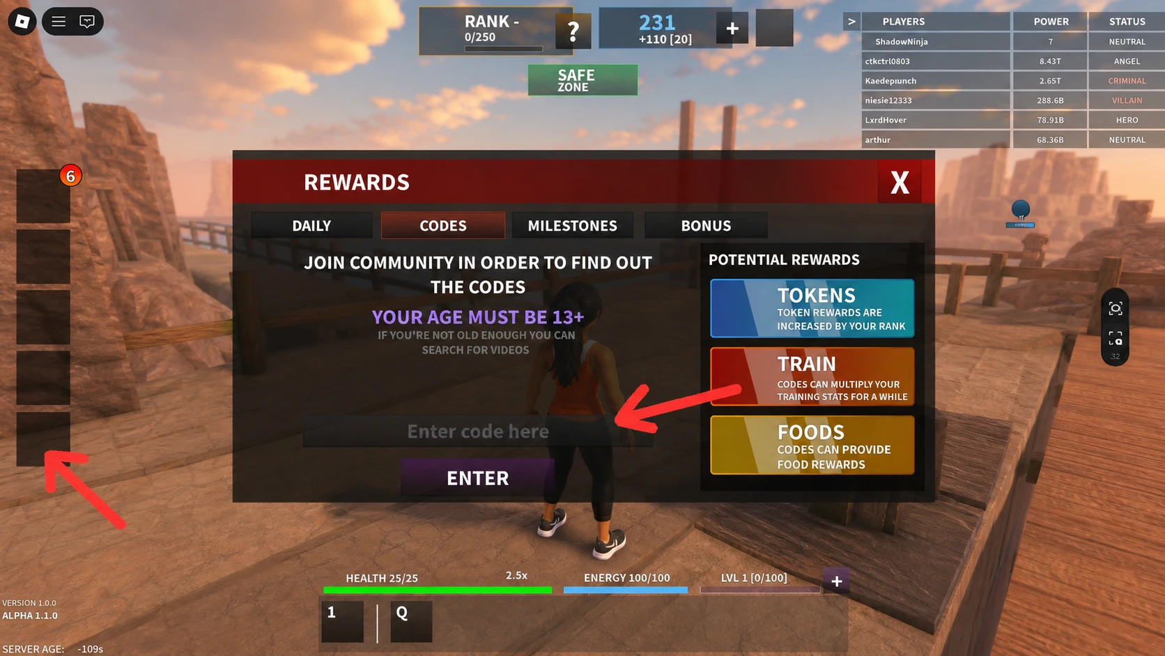 The code redemption text box in Anime Power League