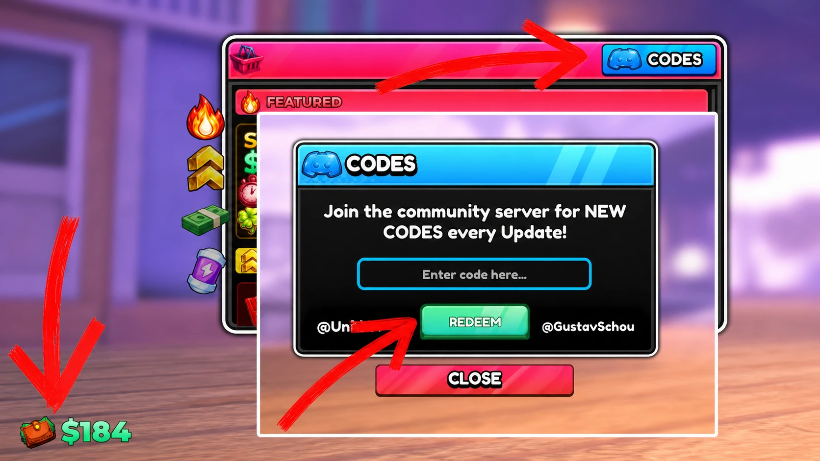My Gym codes redemption screen showing the arrow pointing to the Wallet icon at the bottom, and the code redemption system