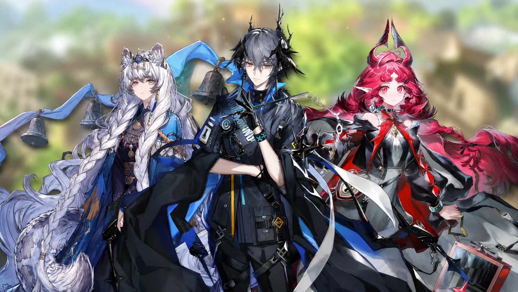 Arknights tier list: Logos, Nymph, and Pramanix the Prerita pasted on a blurred background