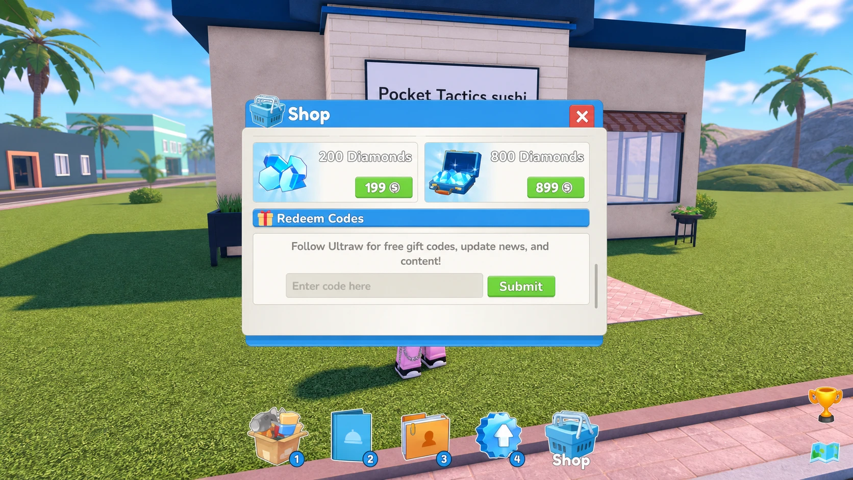 The codes input box inside the Restaurant Tycoon 3 Shop menu