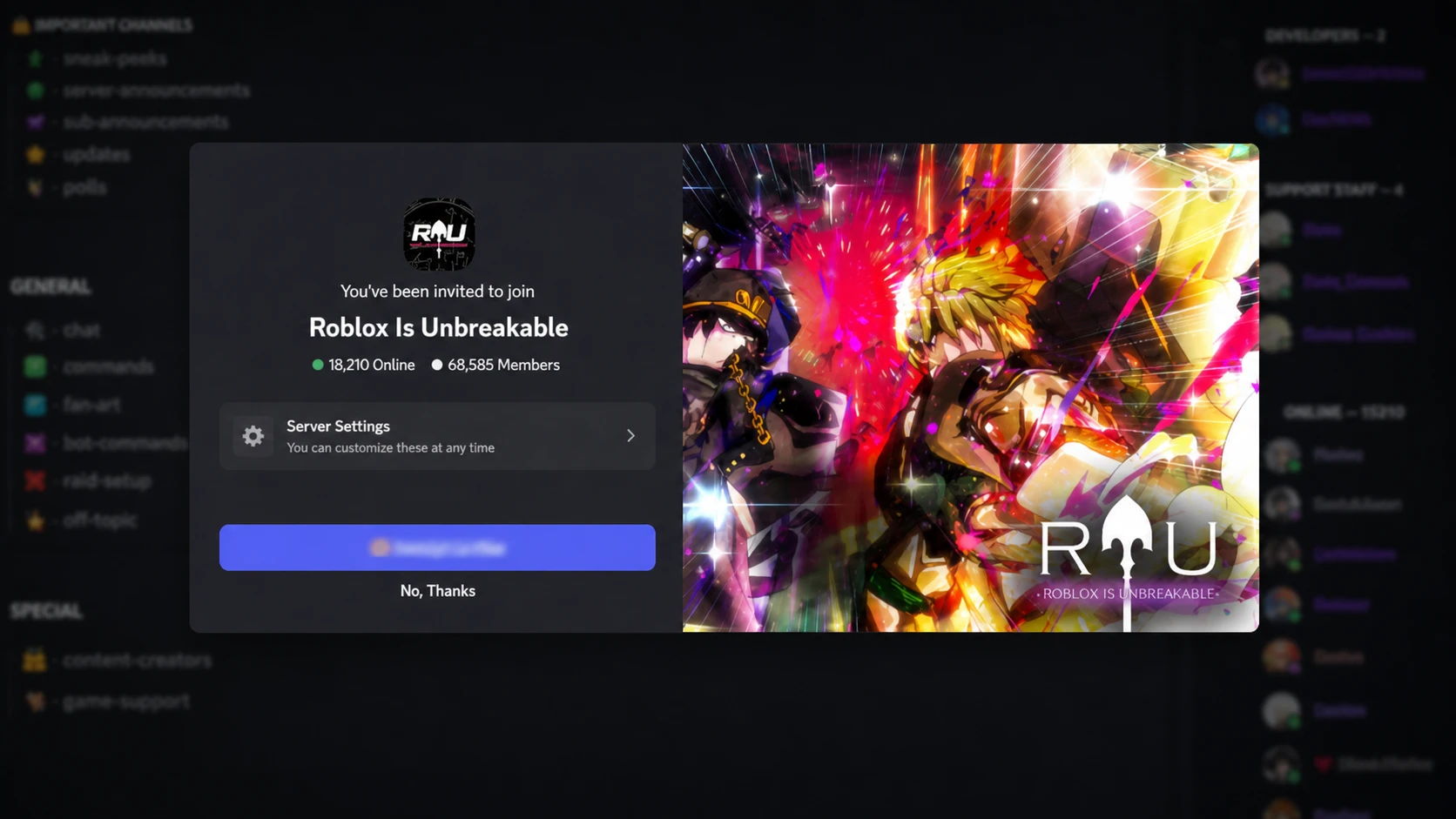 Roblox is Unbreakable codes: A screenshot of the Discord join screen with a PT logo in the top right corner