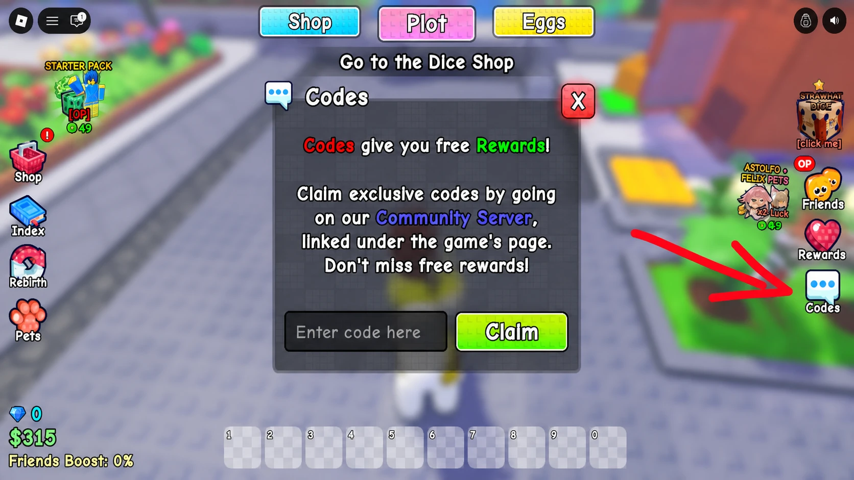 Roblox Spin a Femboy code system. Arrow pointing to the Codes button