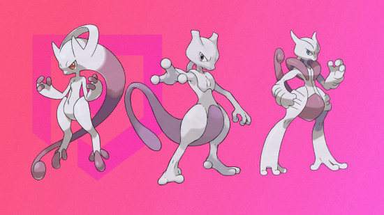 Pokemon Mewtwo: All three versions of Mewtwo in front of a pink PT background