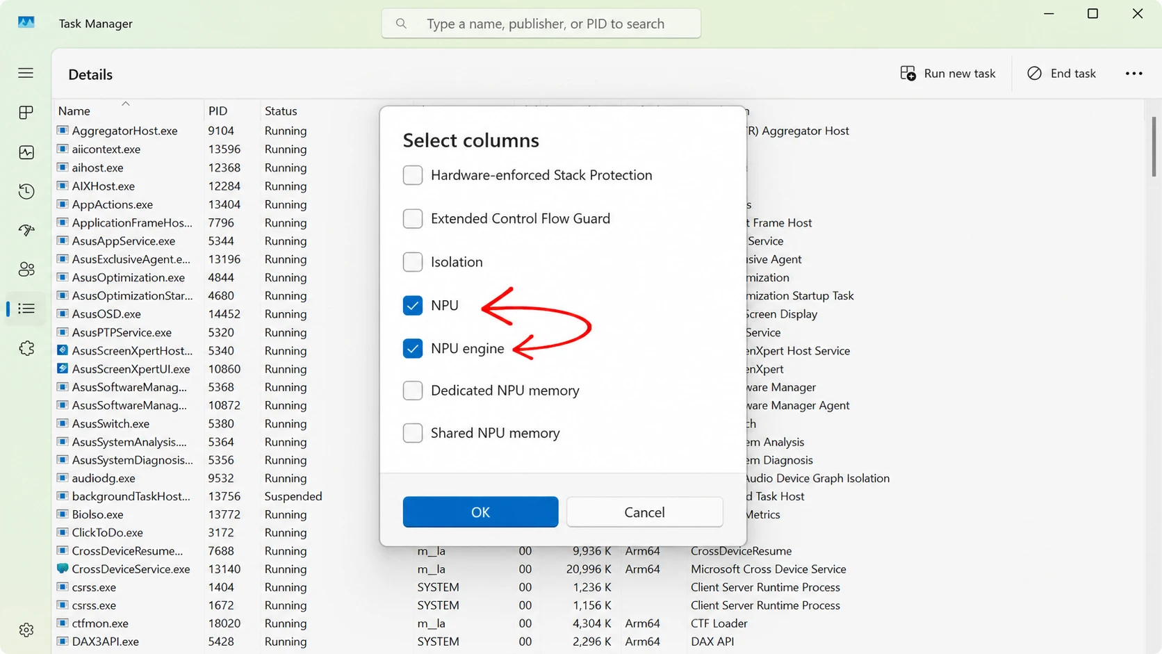Task Manager new NPU columns