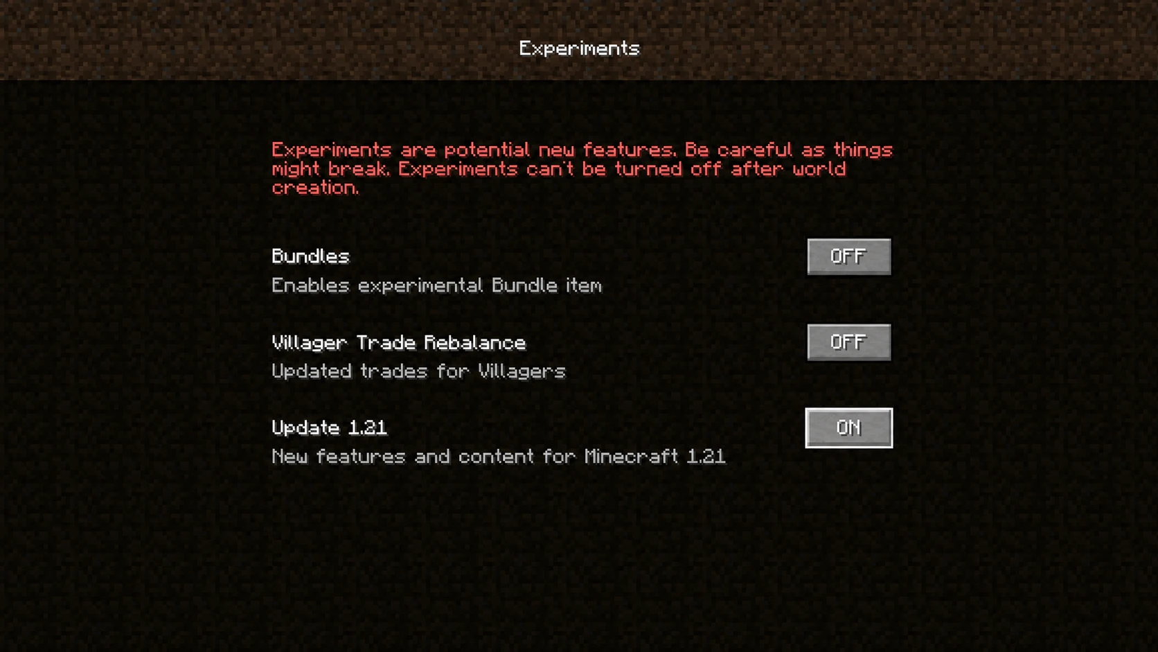 How to turn on experimental features in Minecraft snapshots