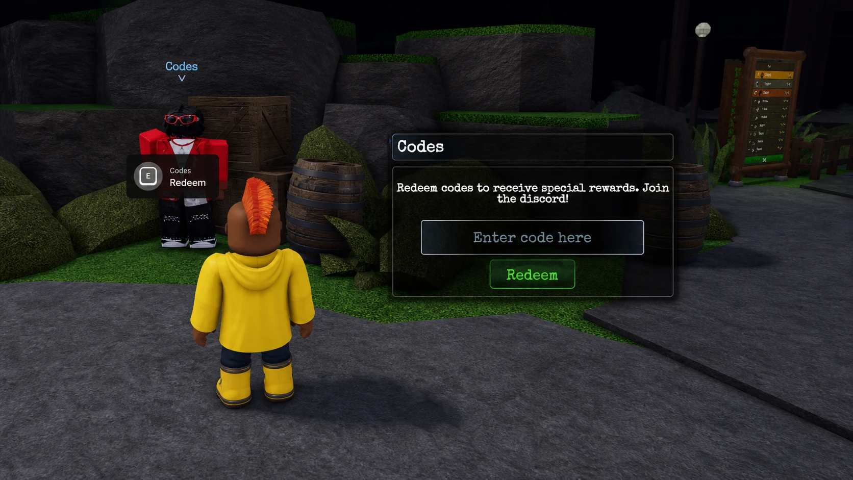 Evil Plate Game codes: Two side-by-side screenshots showing the codes NPC and then the codes box with Pocket Tactics in the entry field and a PT logo in the top right corner
