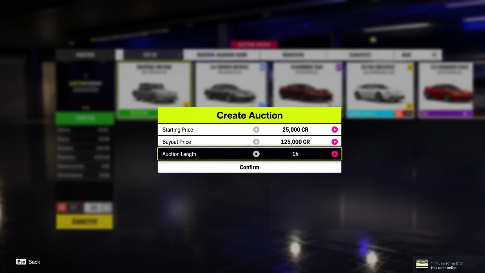 Setting the lowest possible buyout price when listing a car in Forza Horizon 6