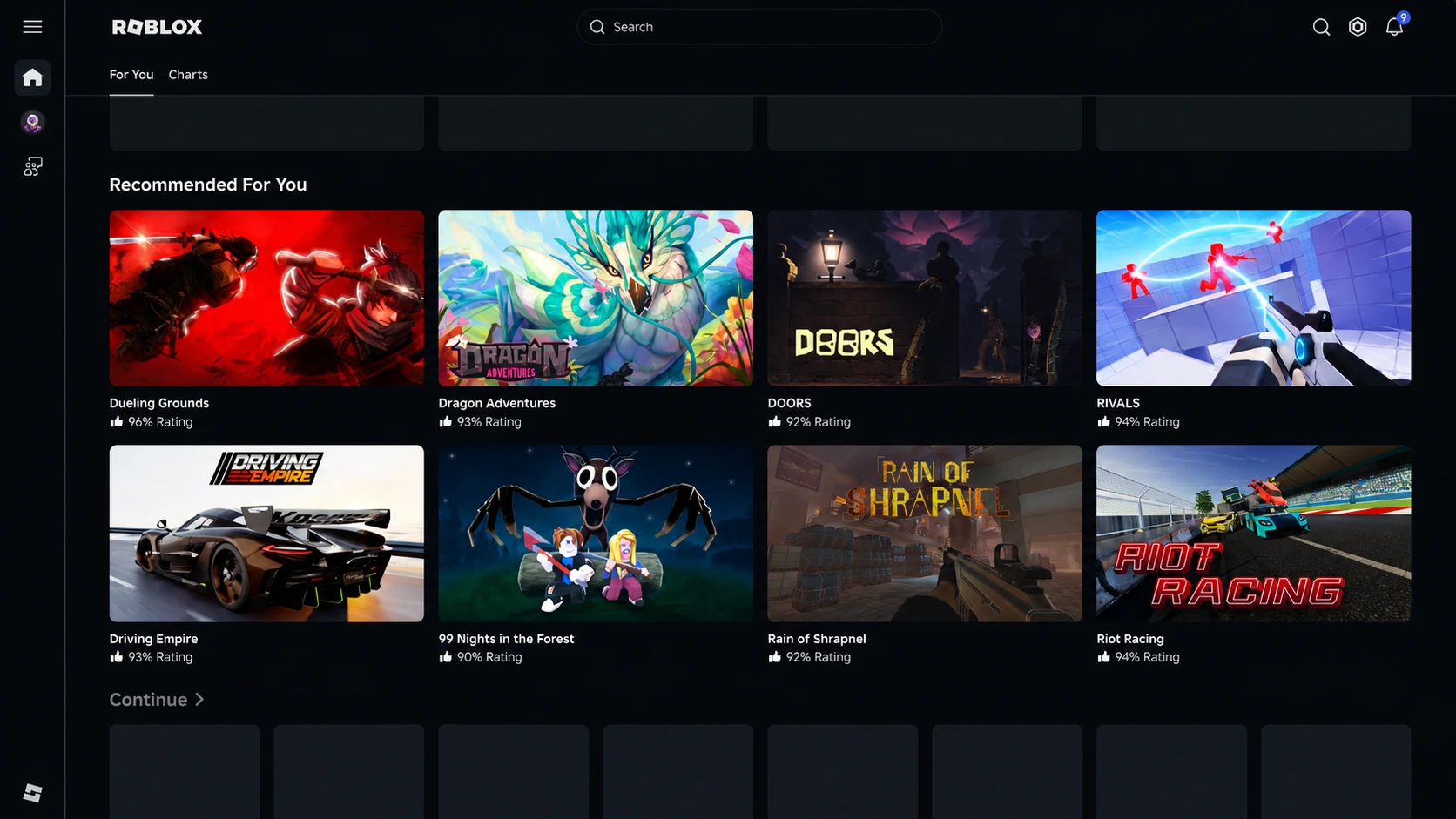 Roblox Recommended For You page - Several games suggested to players