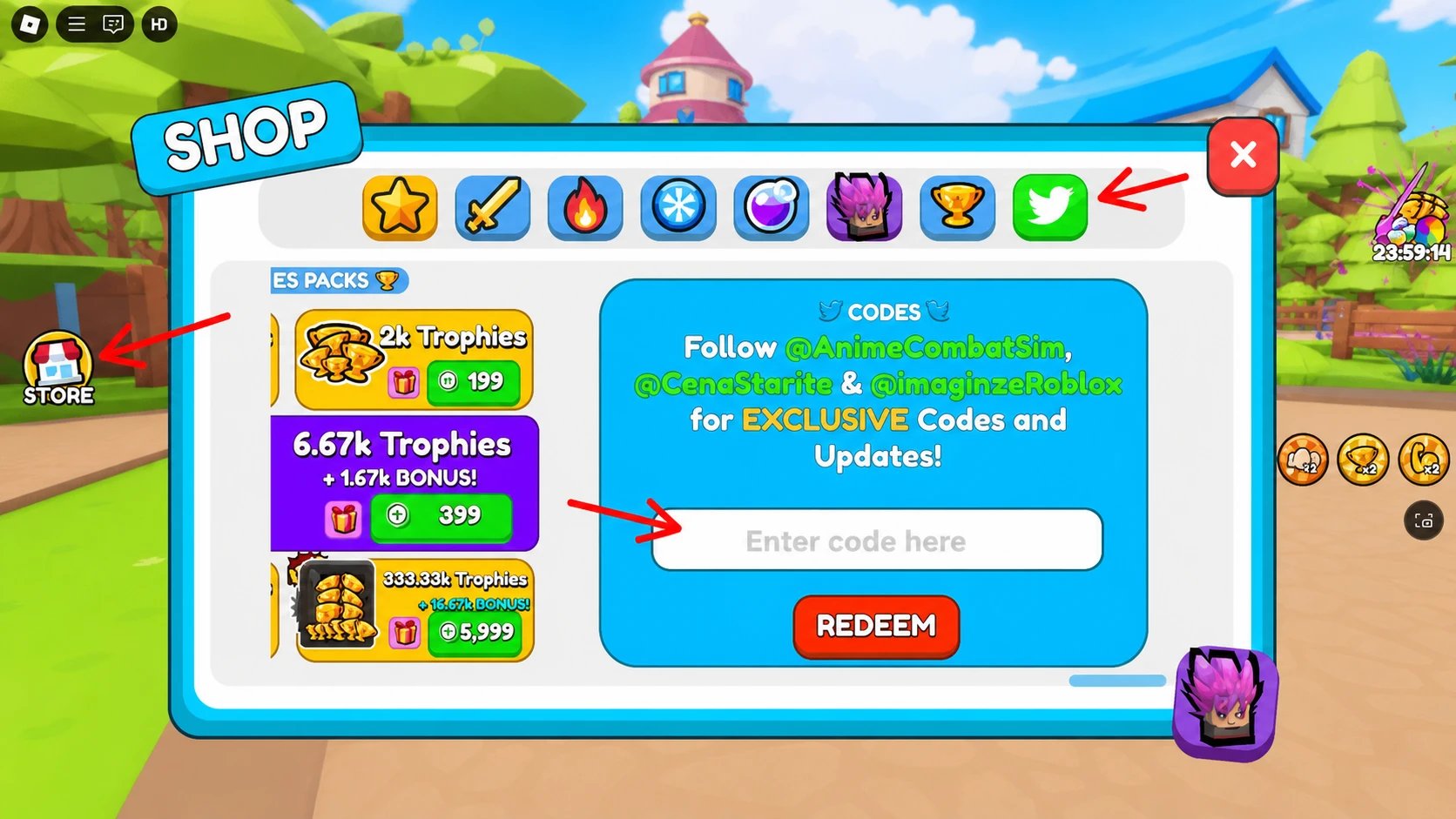 The Redeem button inside the Anime Sword Master store interface