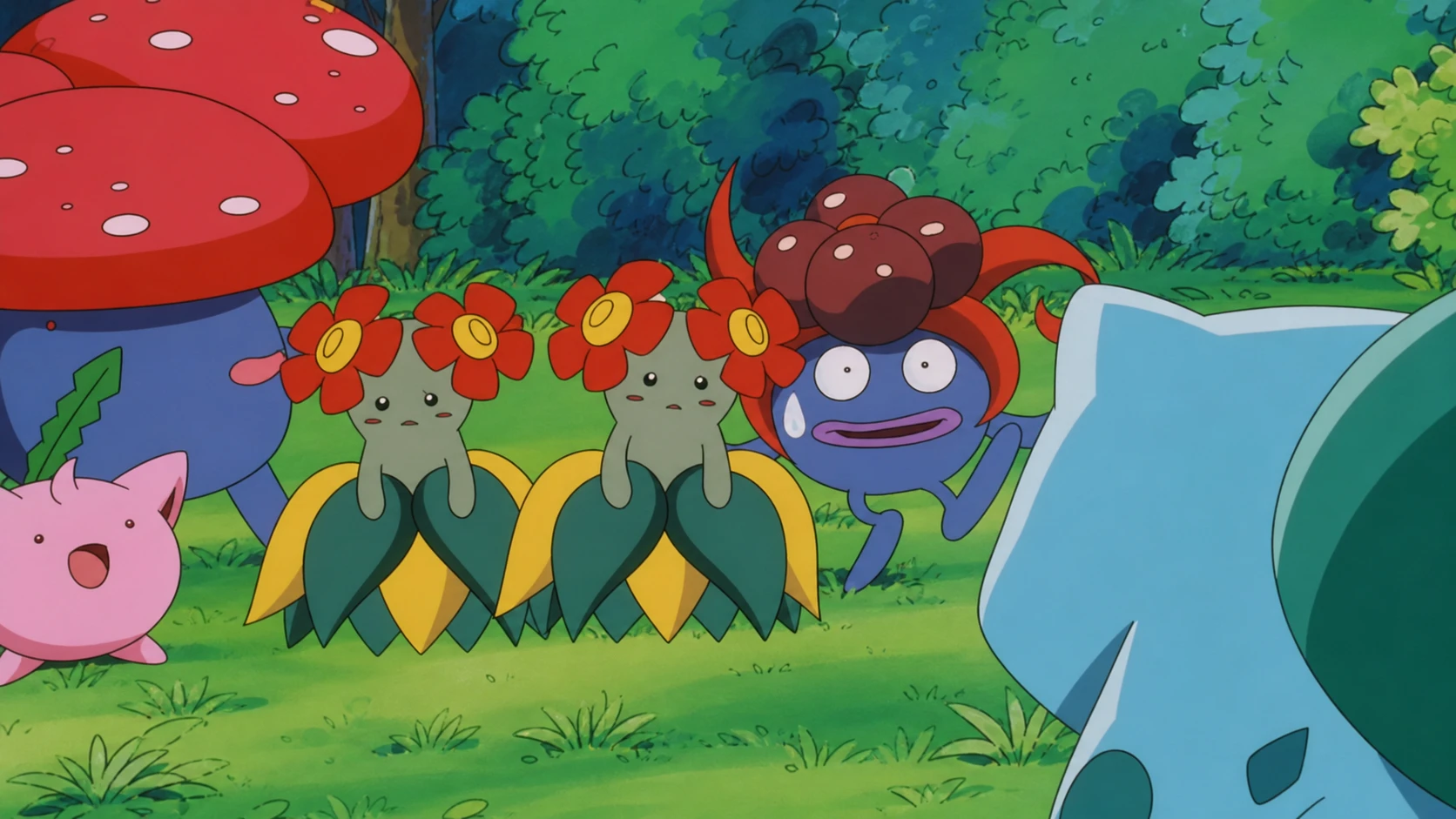 Pokemon Gloom: Bulbasaur talking to Vileplume, Bellossom, and Gloom in a grass field