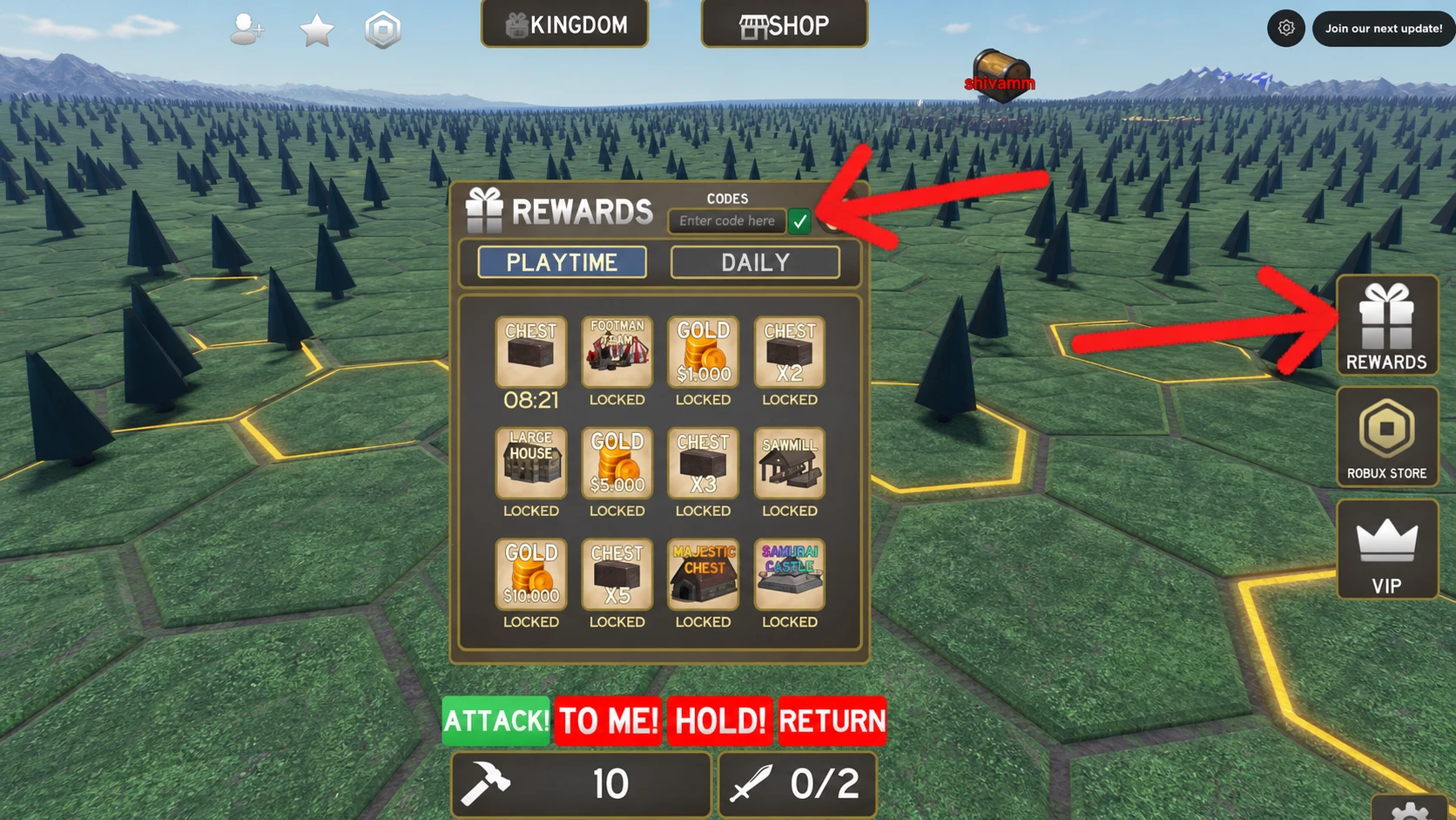 Build a Kingdom Codes redemption screenshot showing the rewards pop-up menu and codes text field