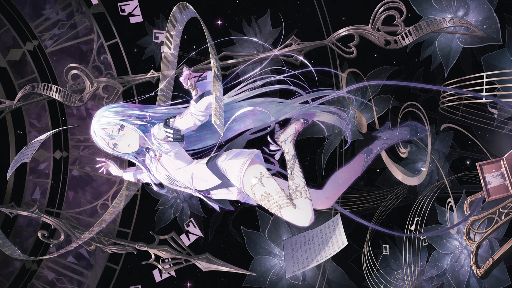 Project Sekai events: Kanade in space in a white outfit surrounded by clock elements, music notation, and keyboards