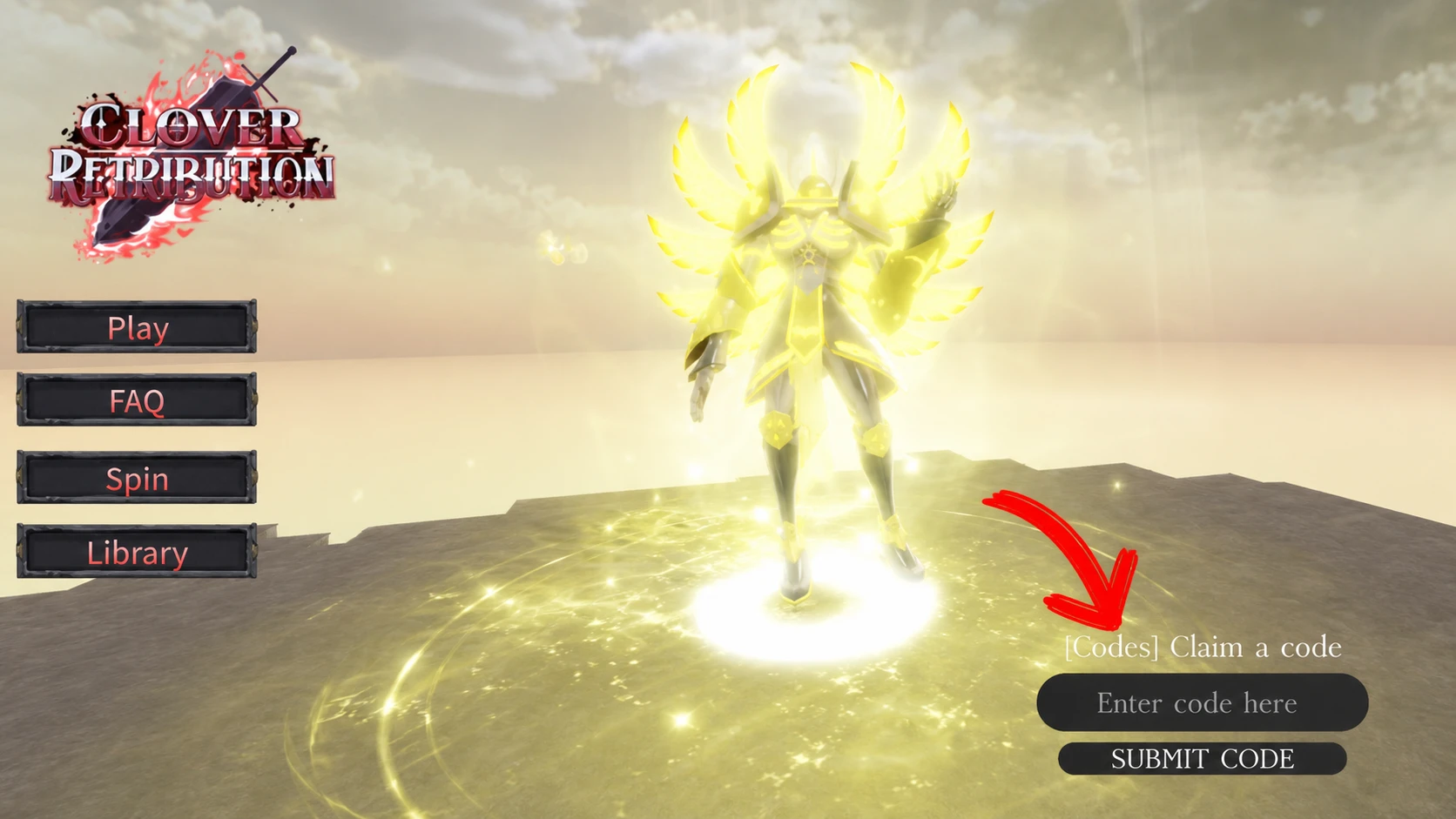 Clover Retribution codes: A screenshot of the home screen with an orange arrow pointing to the codes box, which says PCGamesN. There's a PCGN logo in the top right corner