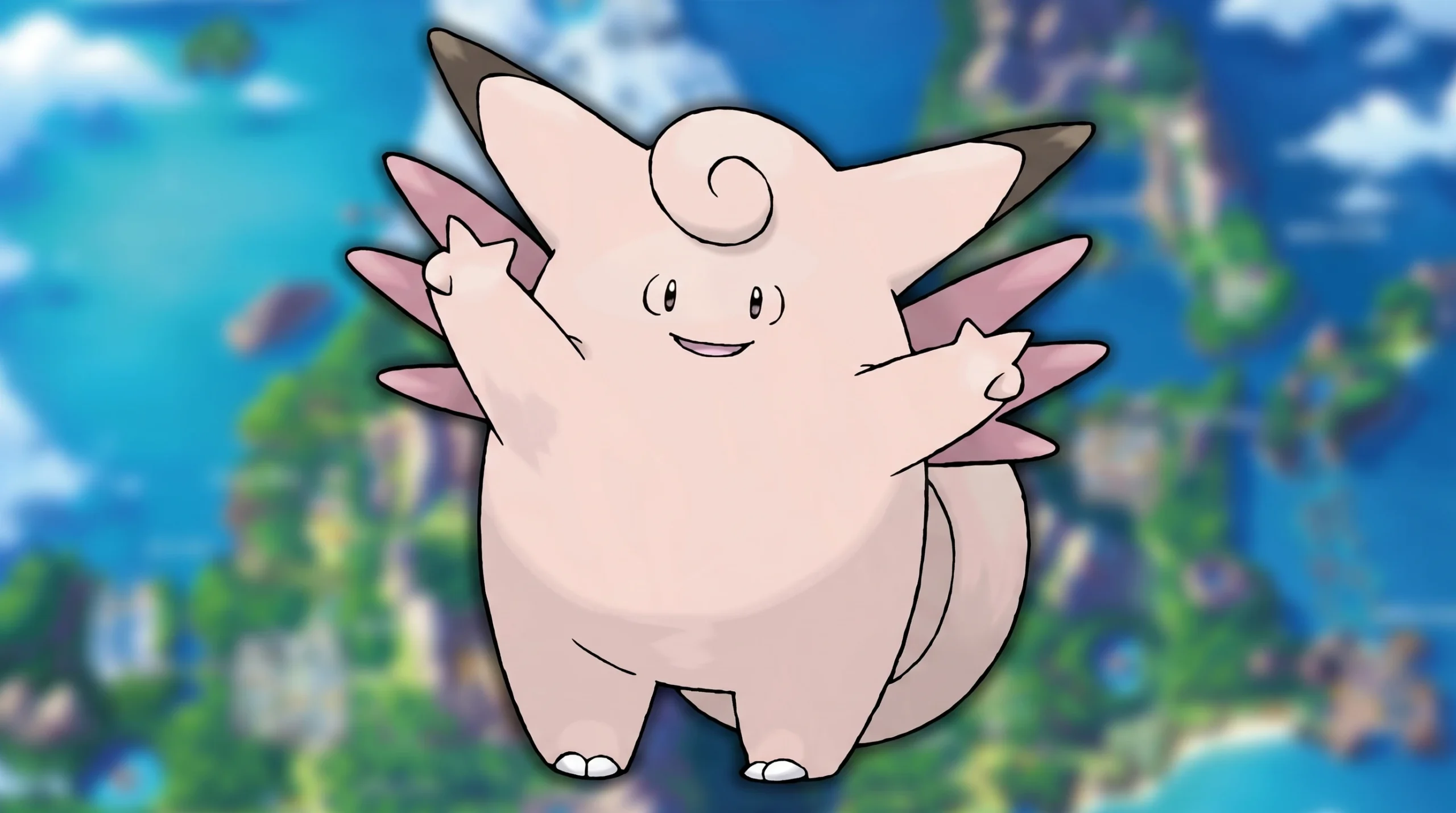 Clefairy evolution Clefable stood in front of a blurred map of Sinnoh