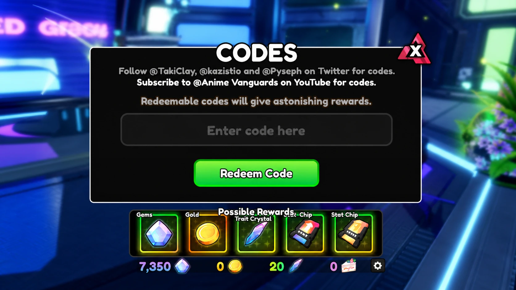 Anime Vanguards codes redemption screen