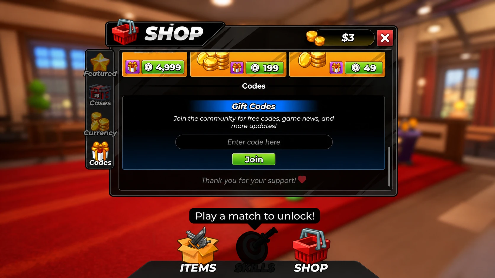 Murder Duels codes: A screenshot of the codes box with Pocket Tactics in the slot and a PT logo in the top right corner