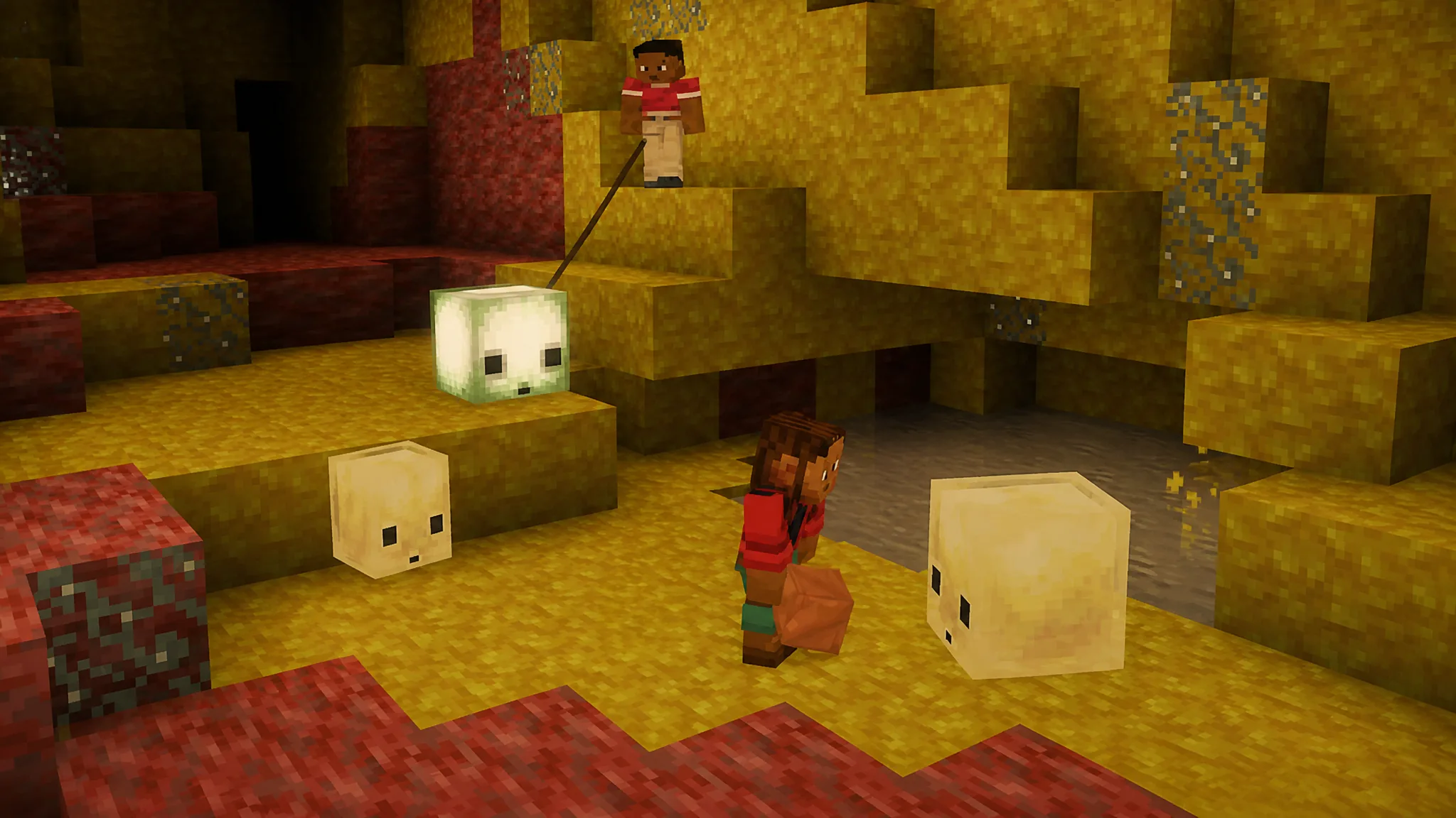Two players standing with sulfur cubes in minecraft