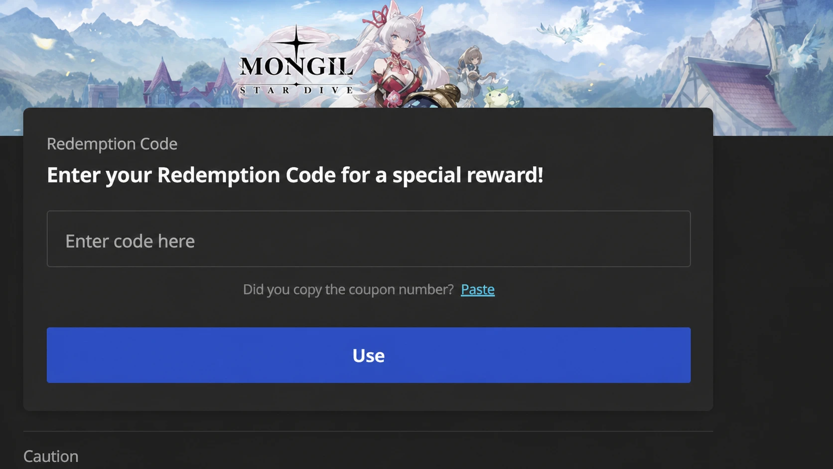 Mongil: Star Dive code redemption screen