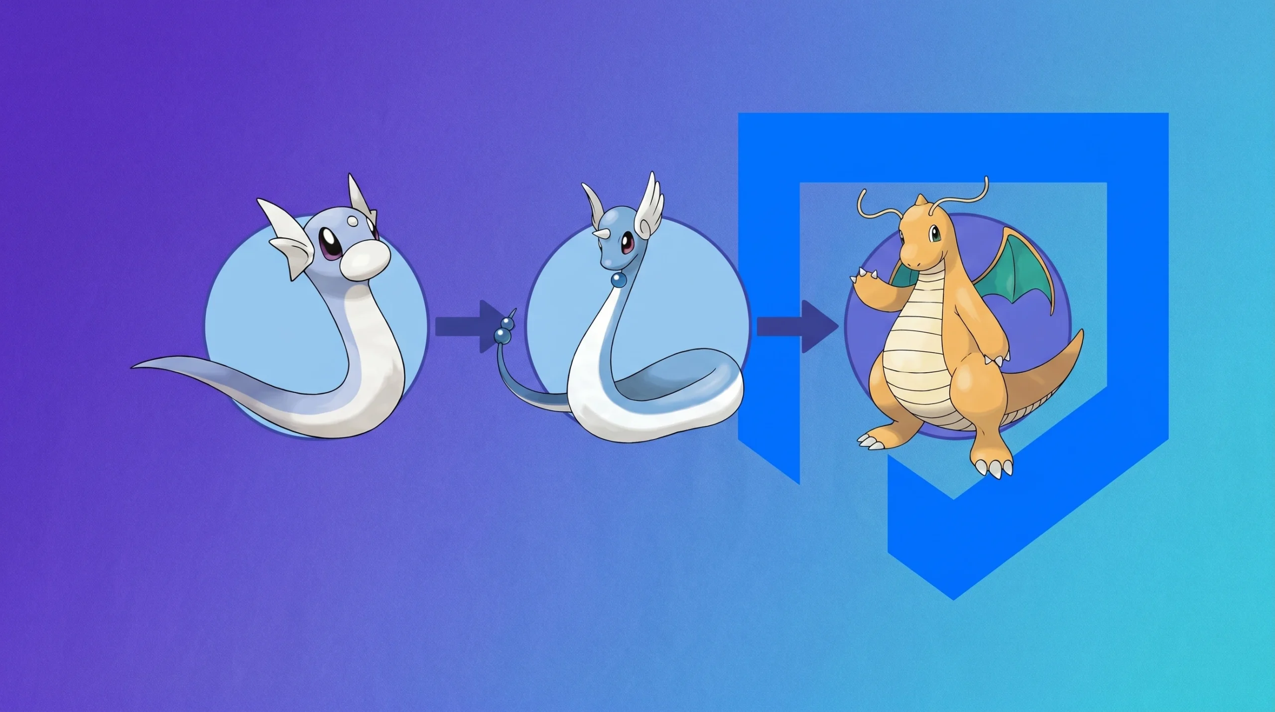 Pokemon Dratini: dratinin, dragonair, and dragonite in front of blue circles