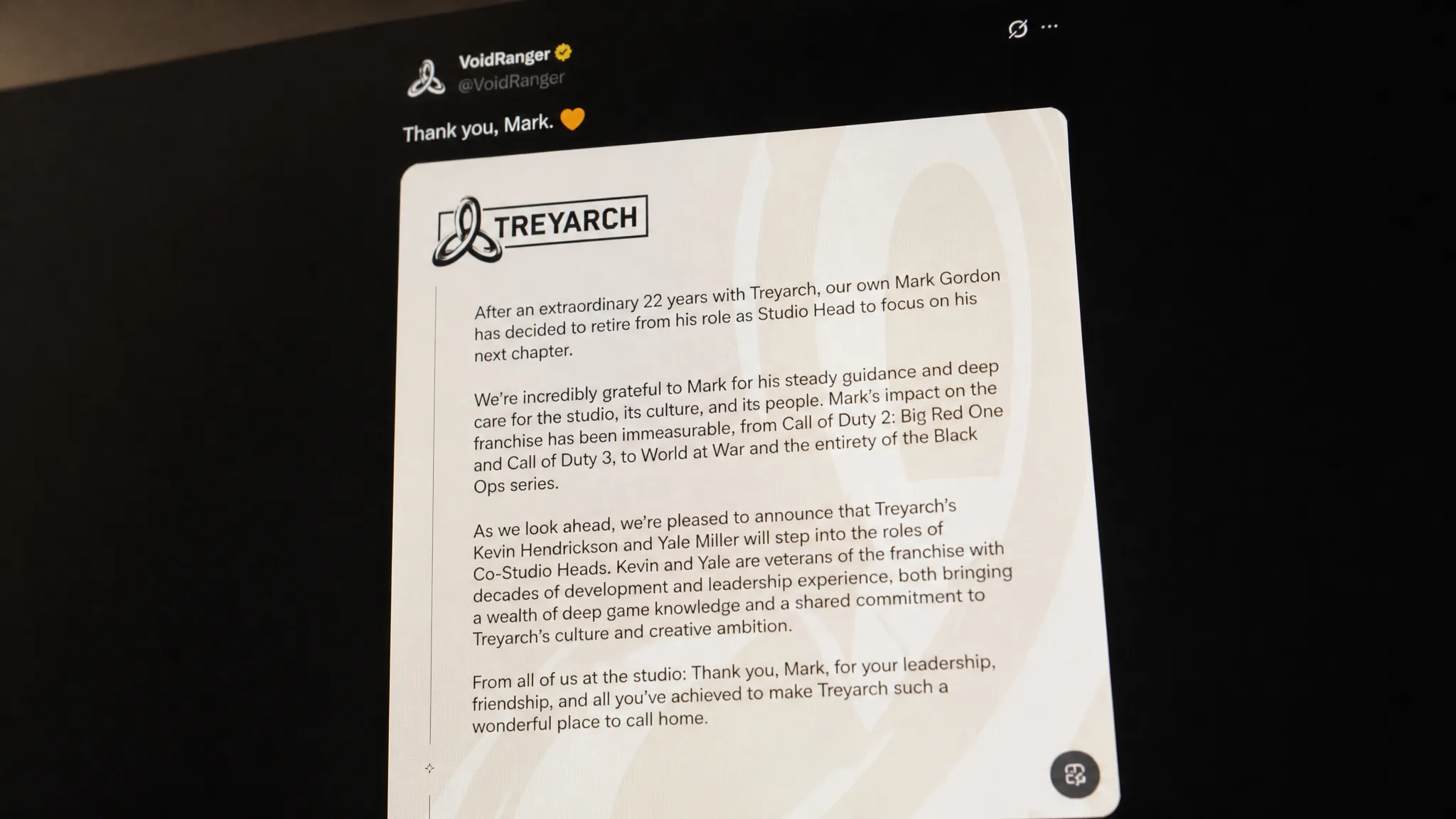 Treyarch studio head stepping down