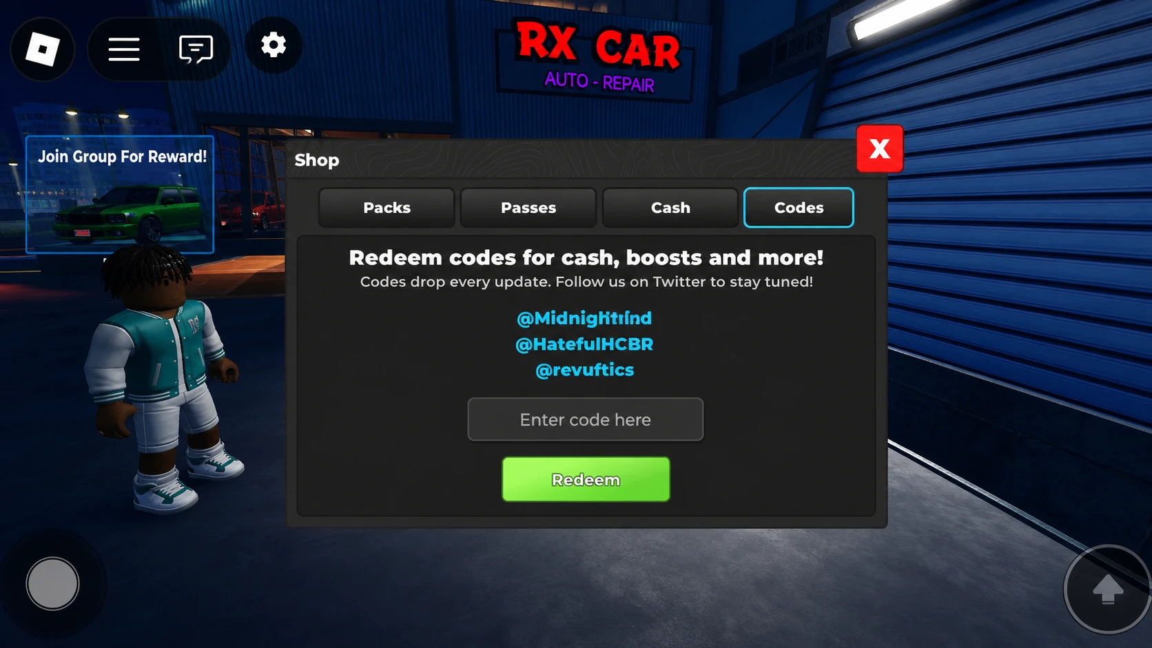 Midnight Racers codes redemption page with 'Pocket Tactics' filled in the box