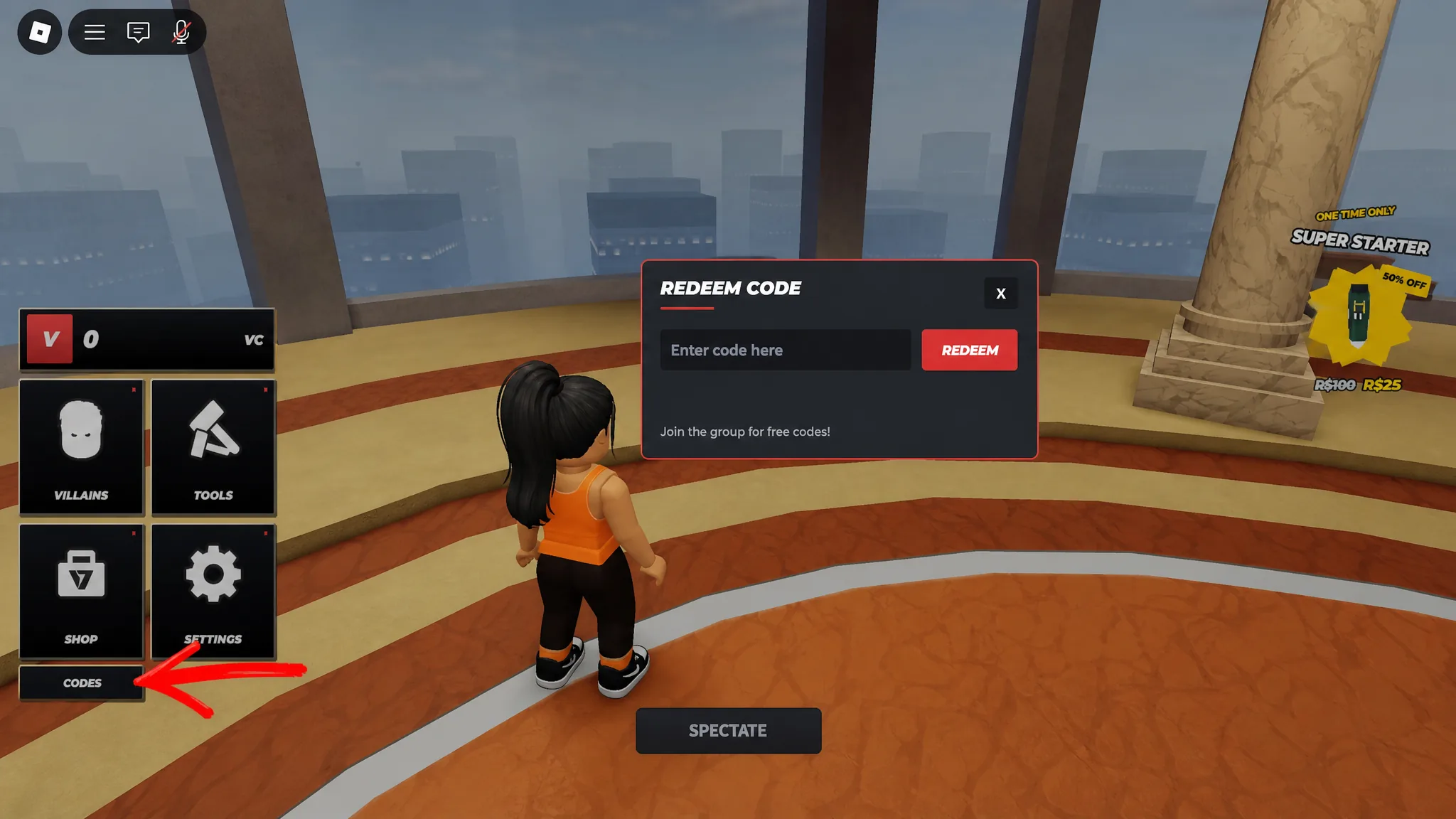 Roblox Hide From the Villain code system. Arrow pointing to the Codes button