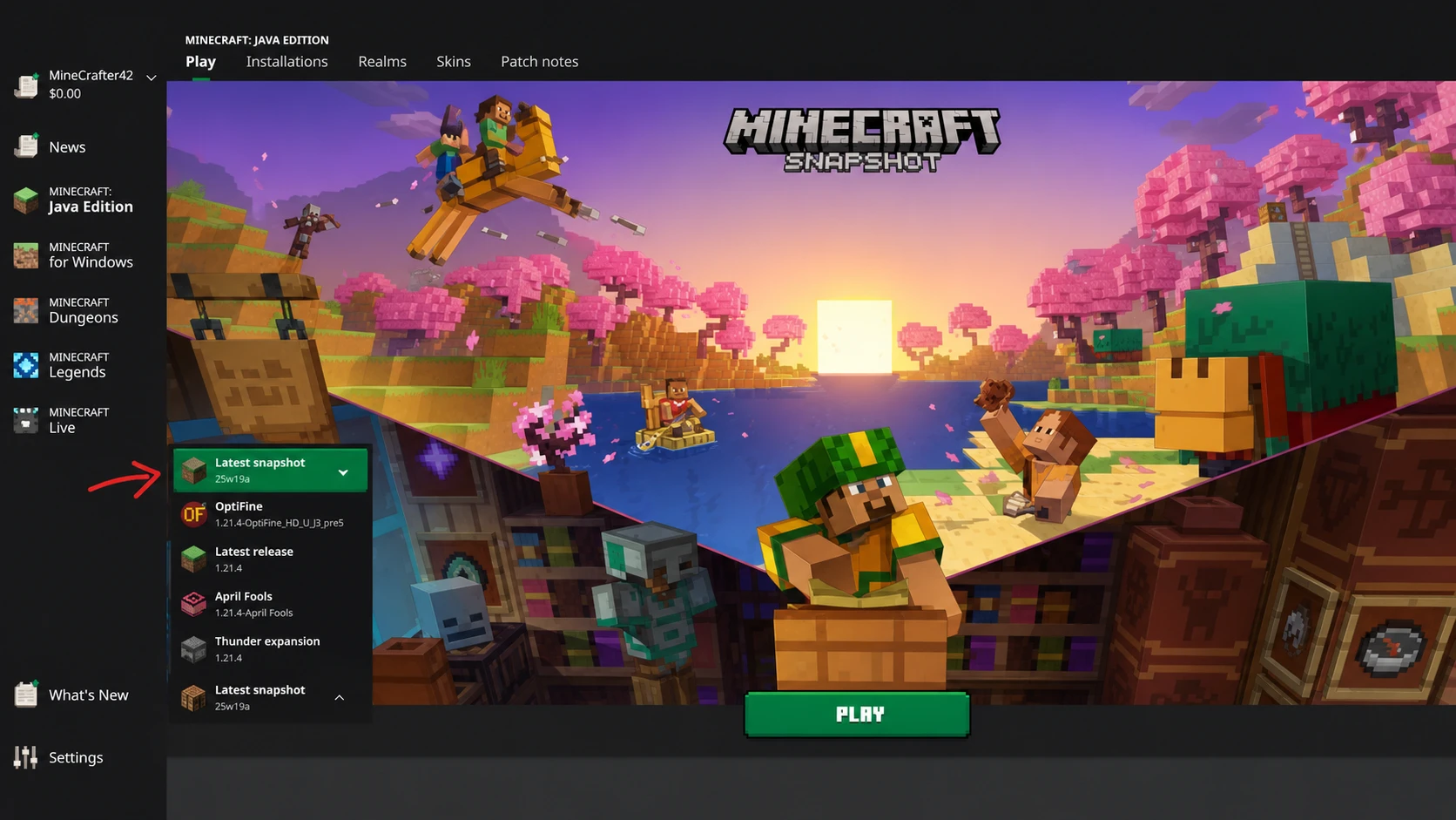 The Minecraft Launcher, showing where and how to load and play a new Minecraft snapshot