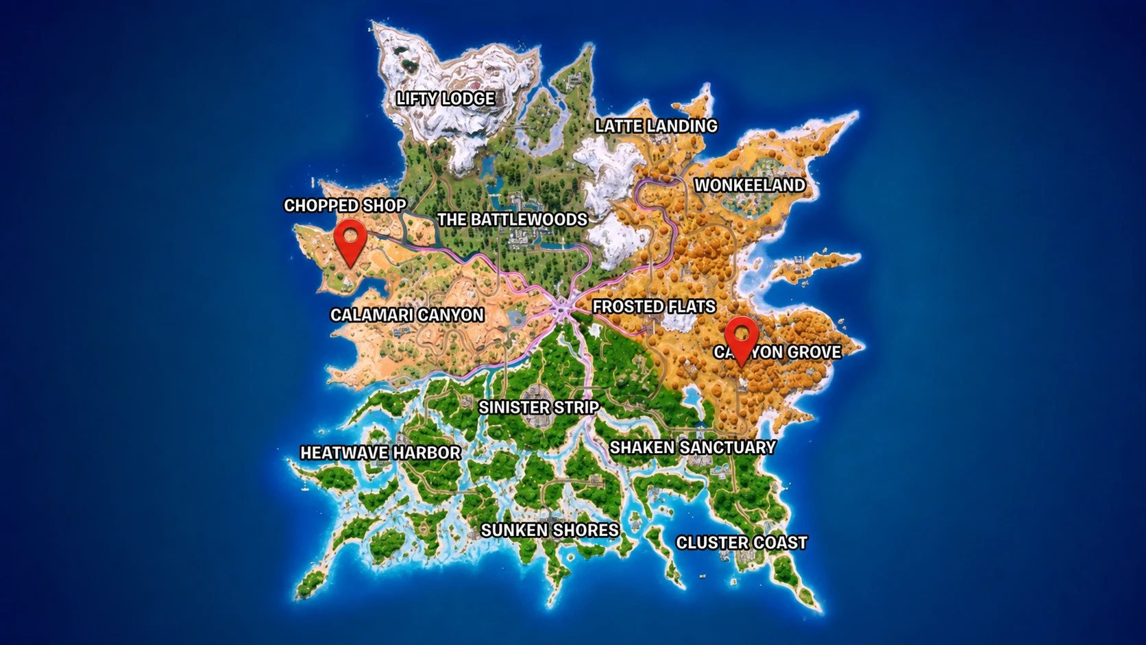 Car war locations marked on map in fortnite