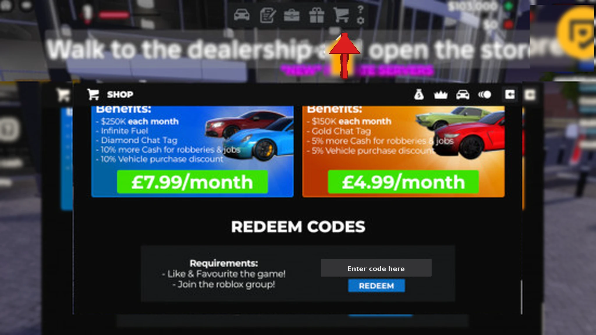 Roanoke codes: A screenshot of the shop menu with Pocket Tactics in the box and a PT logo in the top right corner. The background is blurred and an arrow is pointing at the shopping cart button