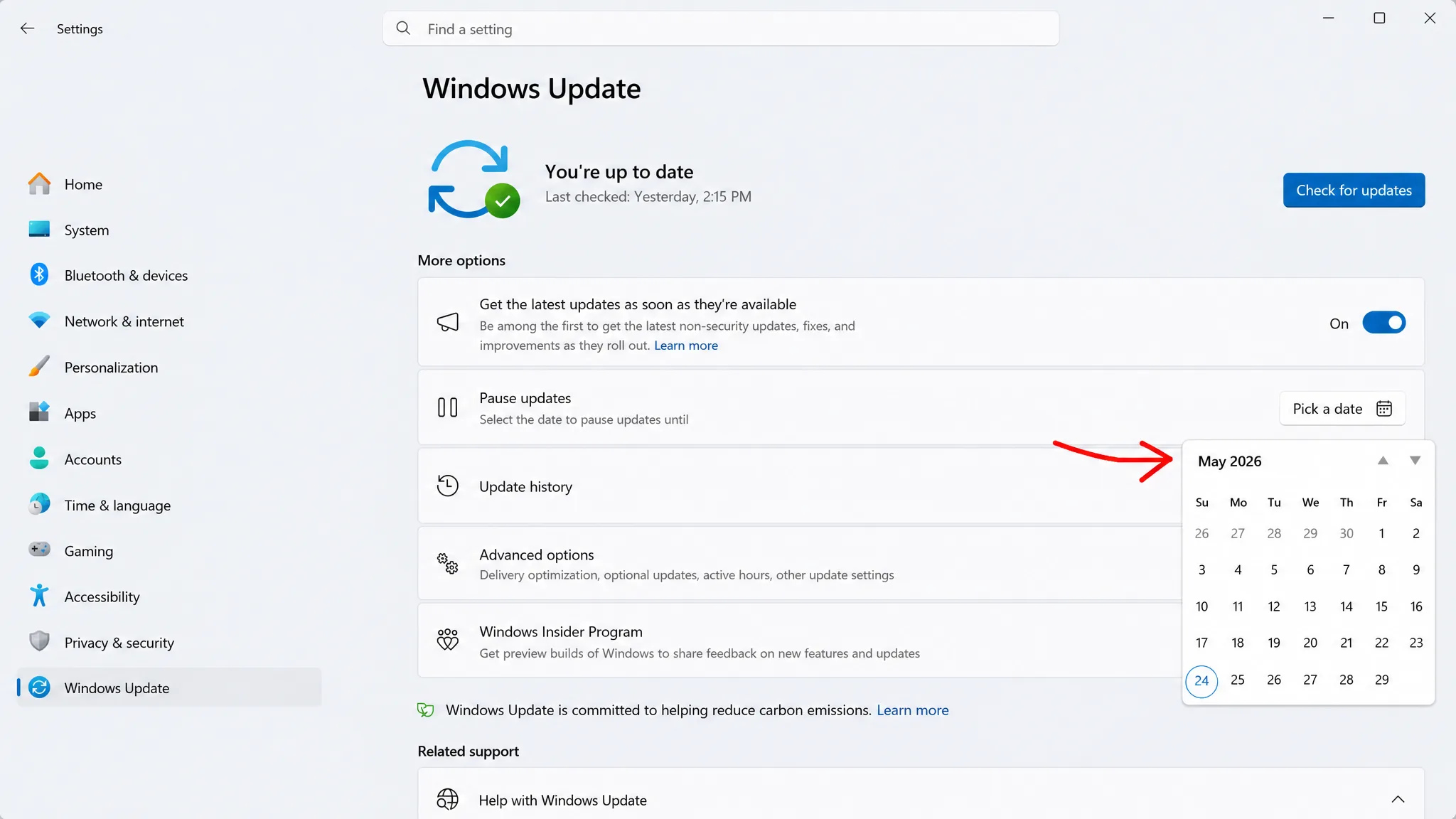 Windows Update new pause setting