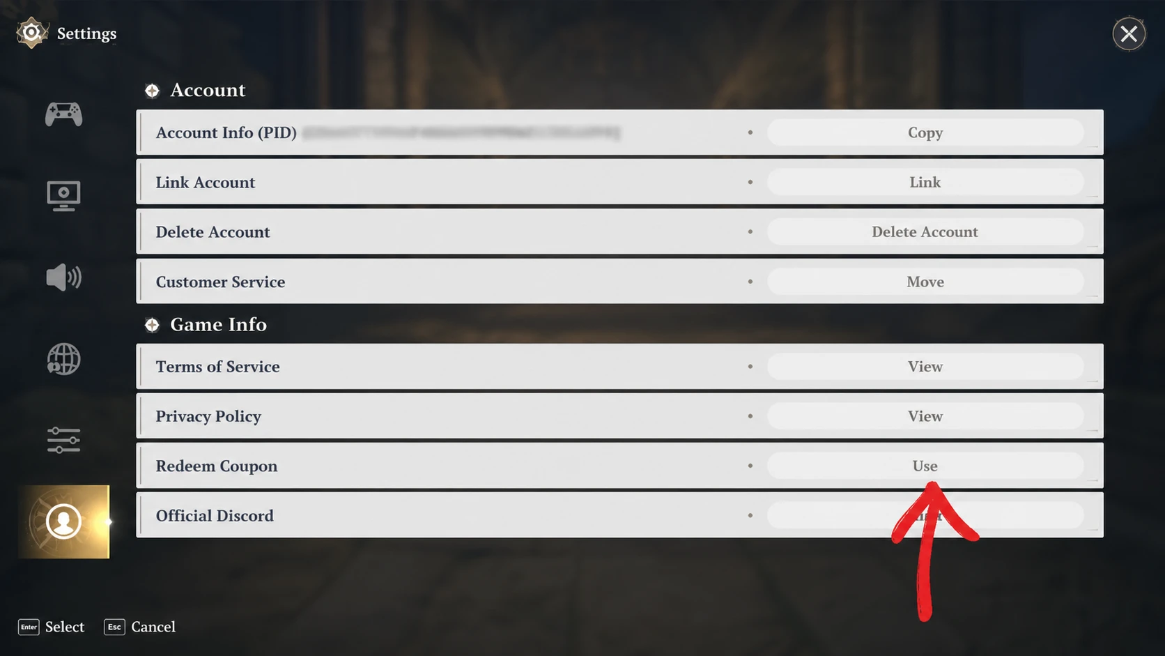 The Seven Deadly Sins Origin codes: A screenshot of the Account menu in-game with an arrow pointing to the Redeem Code button and a PT logo in the top right corner, as well as a blurred-out PID