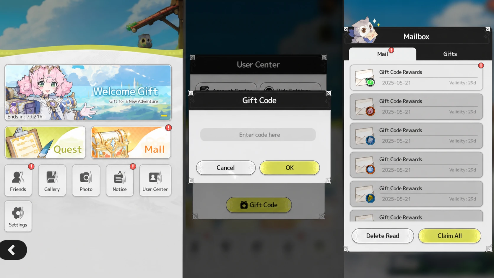 Sword x Staff codes redemption process of three screenshots showing the menu, the code input screen, and an inbox