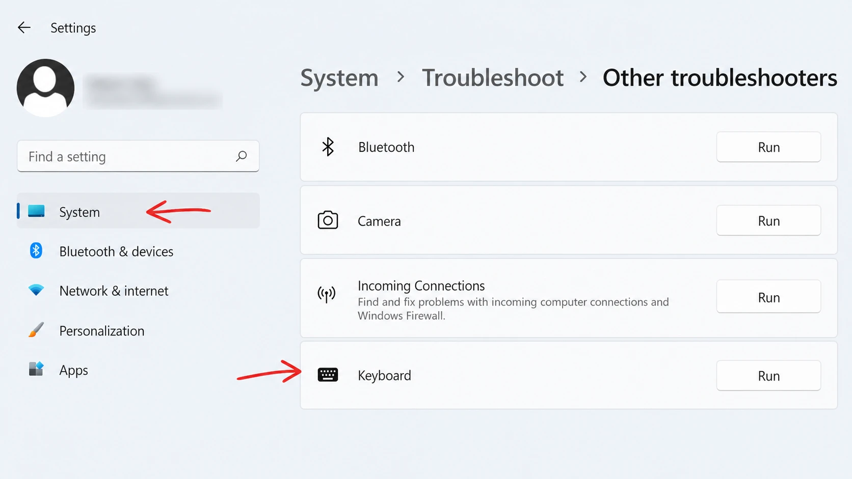 Run Keyboard troubleshooter Windows 11