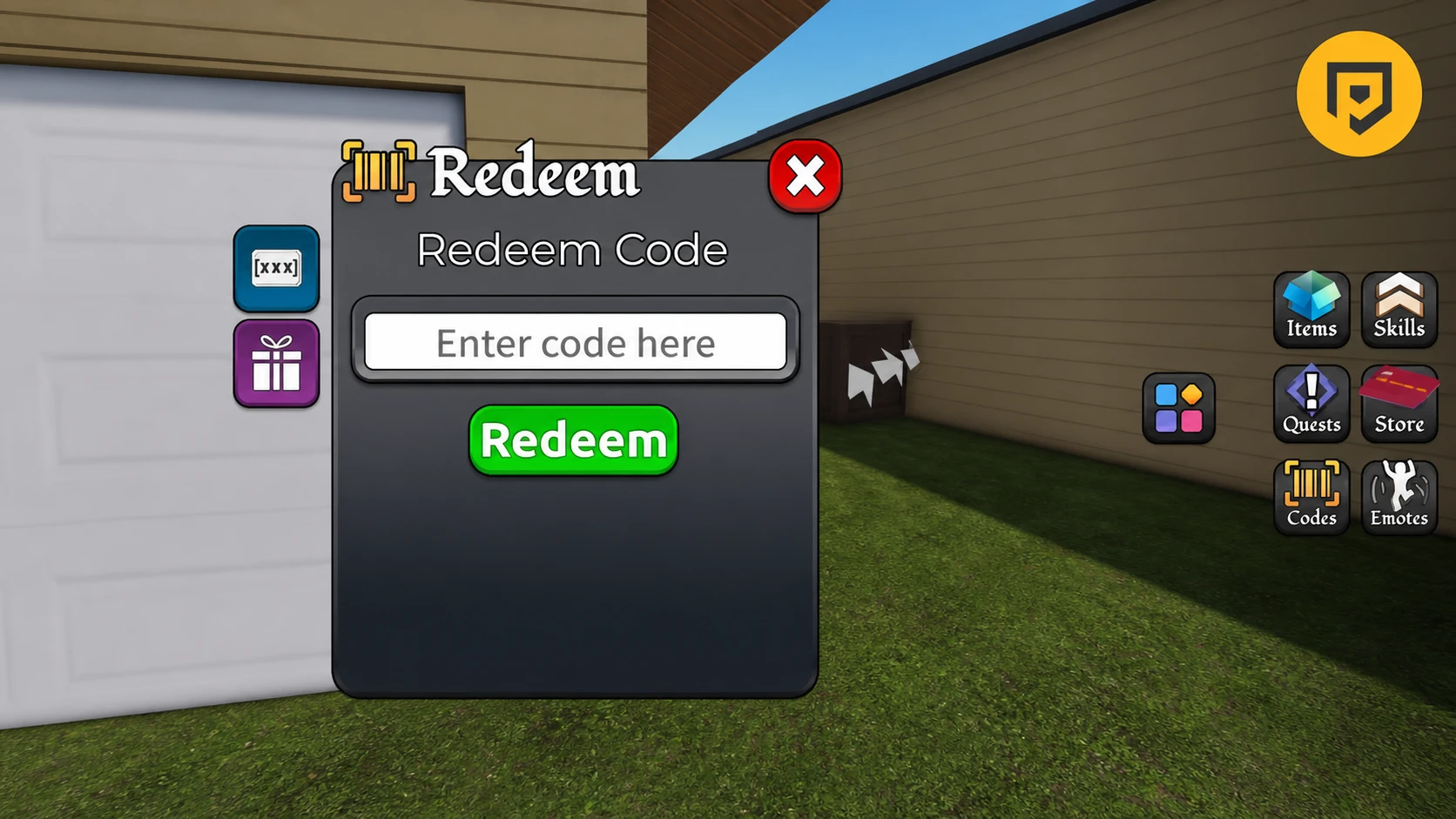 BlockSpin codes redemption screen next to a white garage door